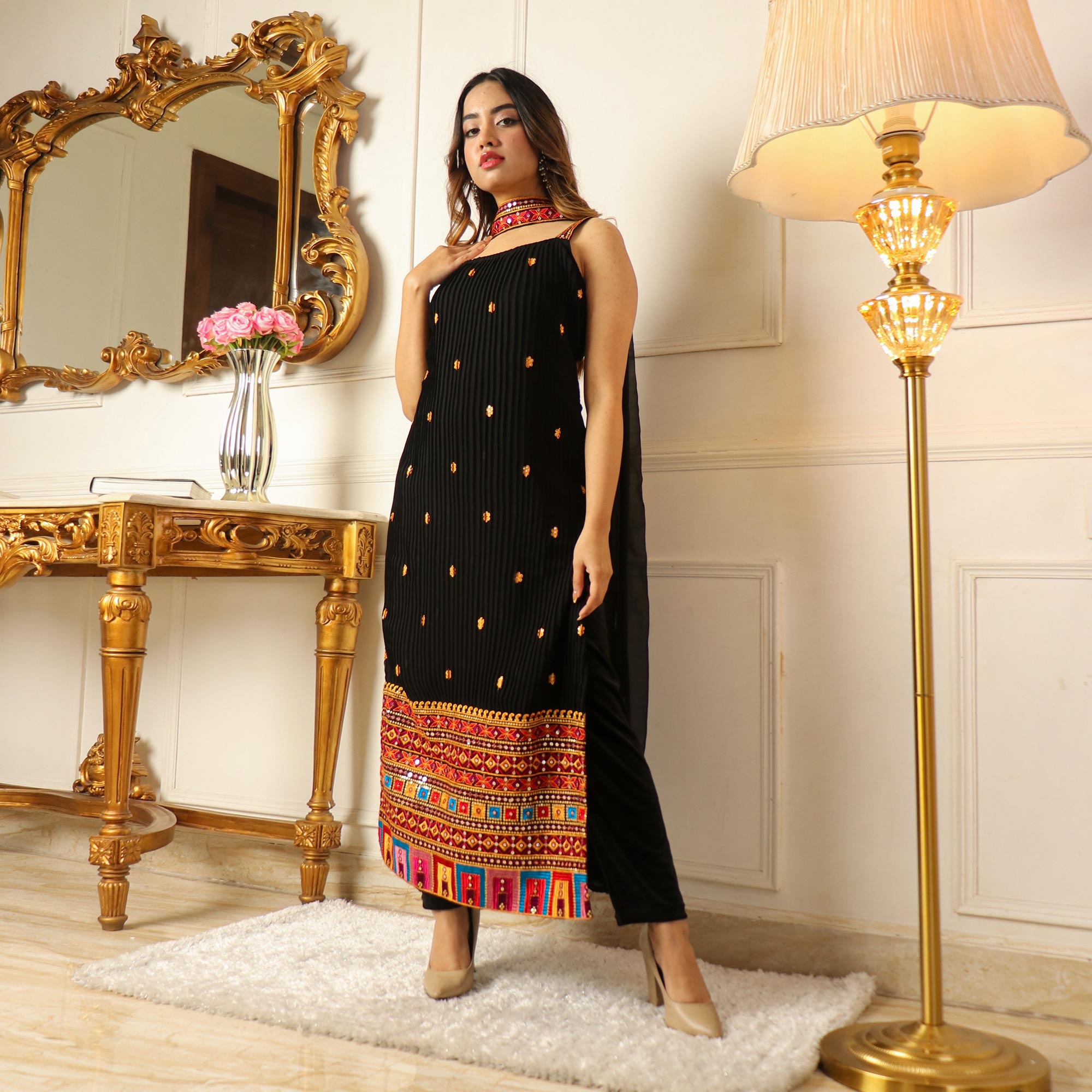Black Sequins Embroidered Georgette Suit