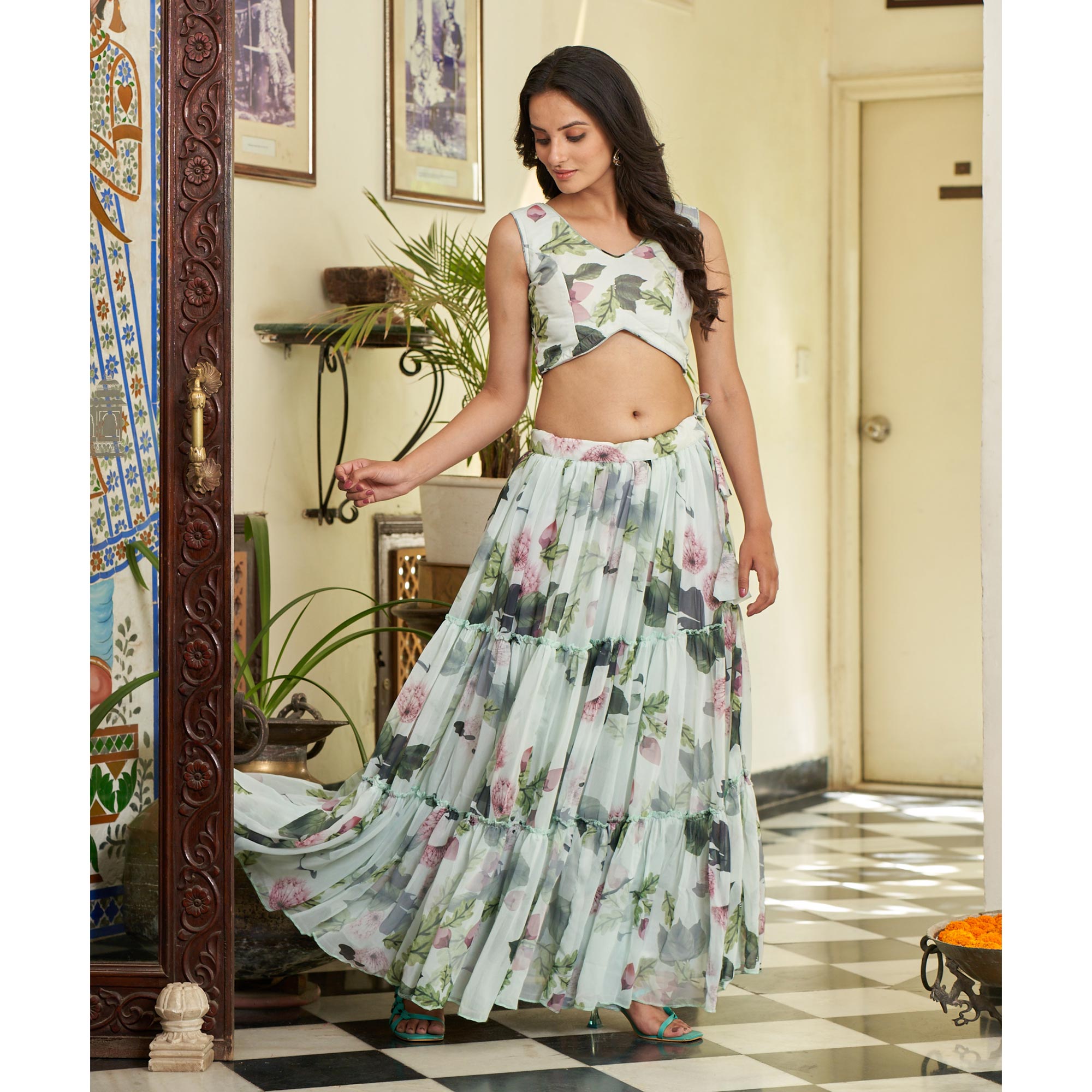 Green & White Floral Printed Georgette Crop Top Lehenga