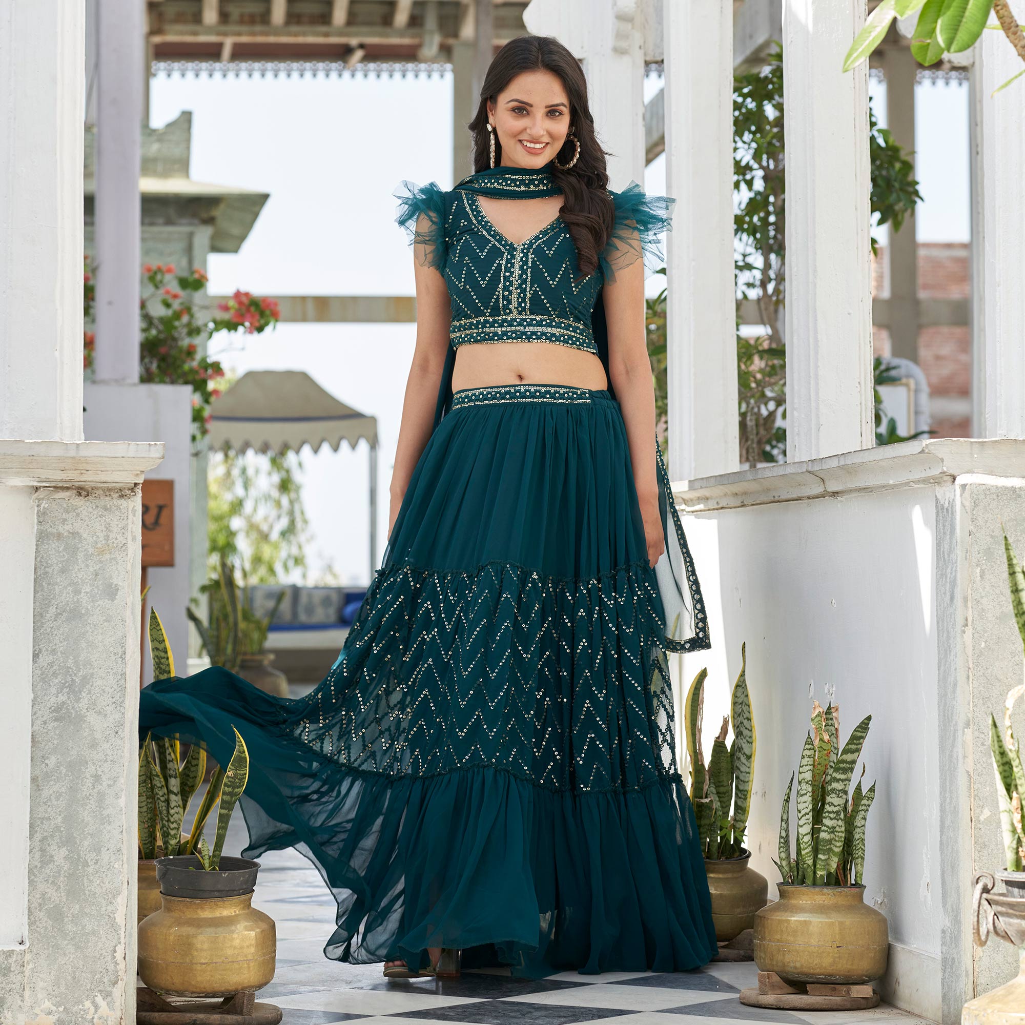 Sea Green Embroidered Georgette Lehenga Choli