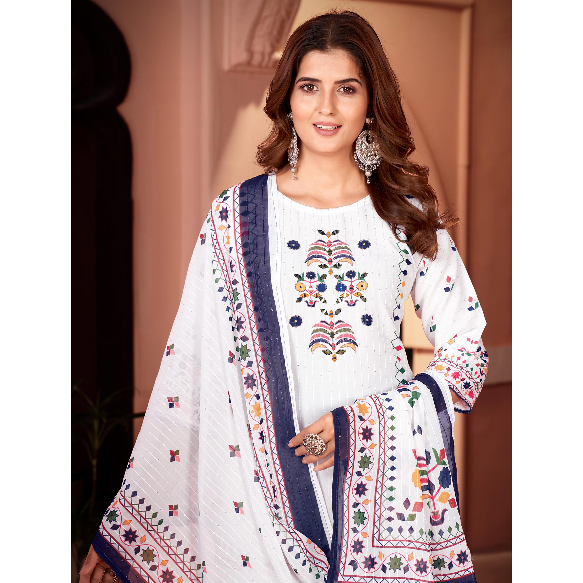 White & Blue Embroidered With Printed Rayon Salwar Suit