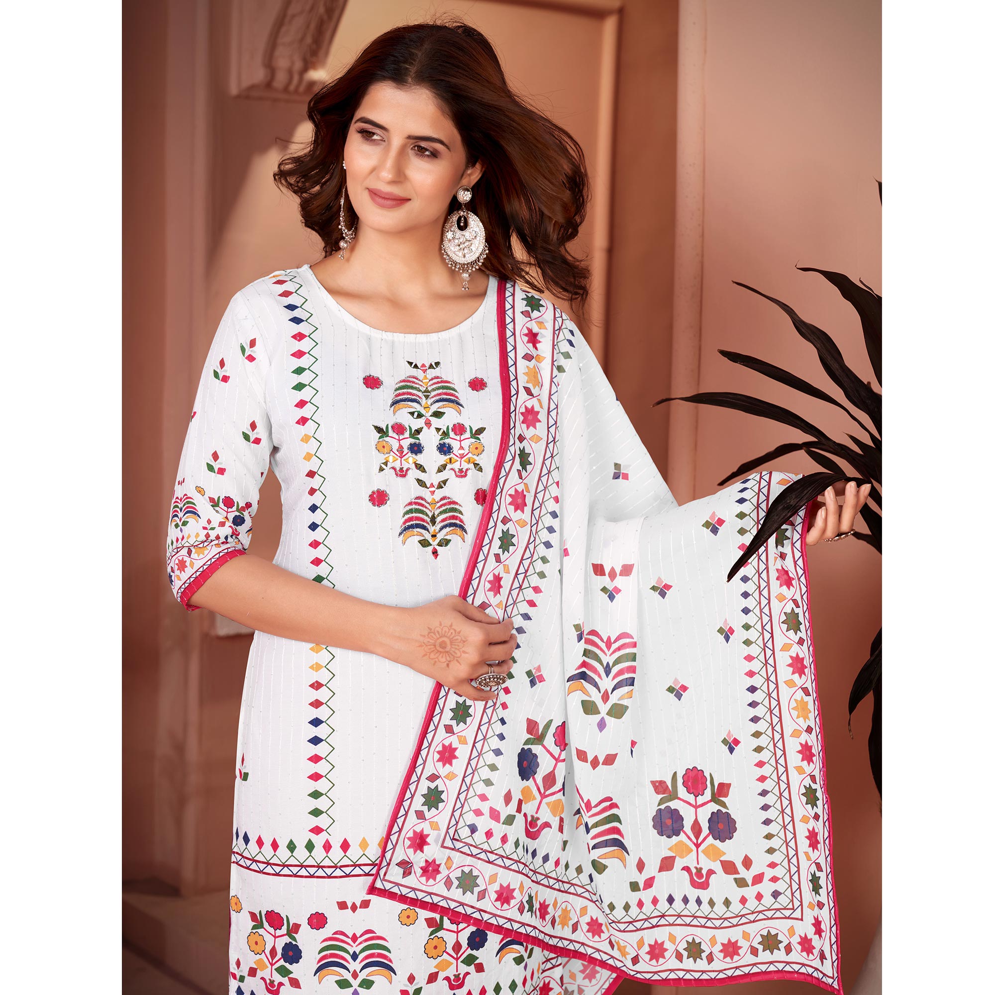 White & Pink Embroidered With Printed Rayon Salwar Suit