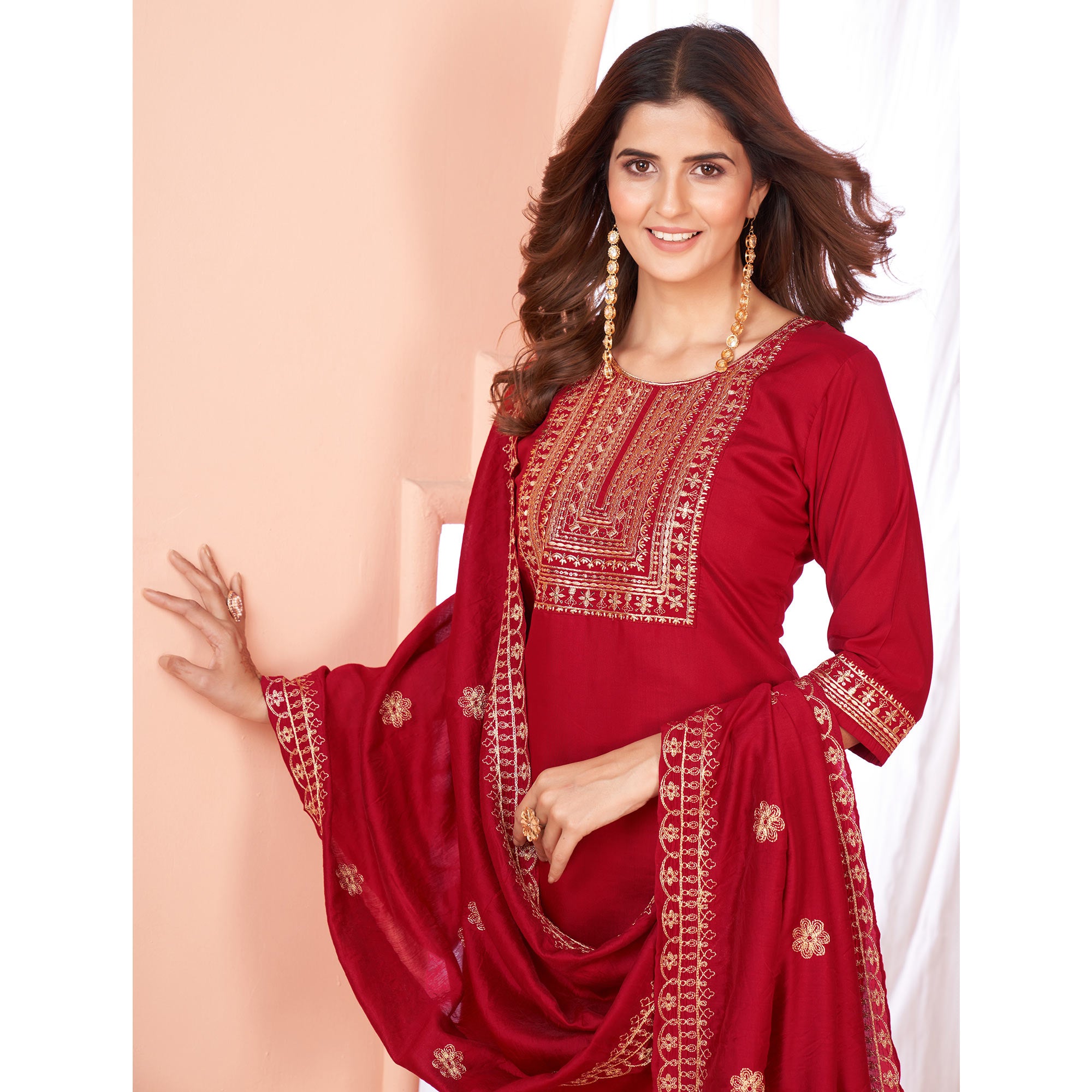 Maroon Sequins Embroidered Viscose Salwar Suit