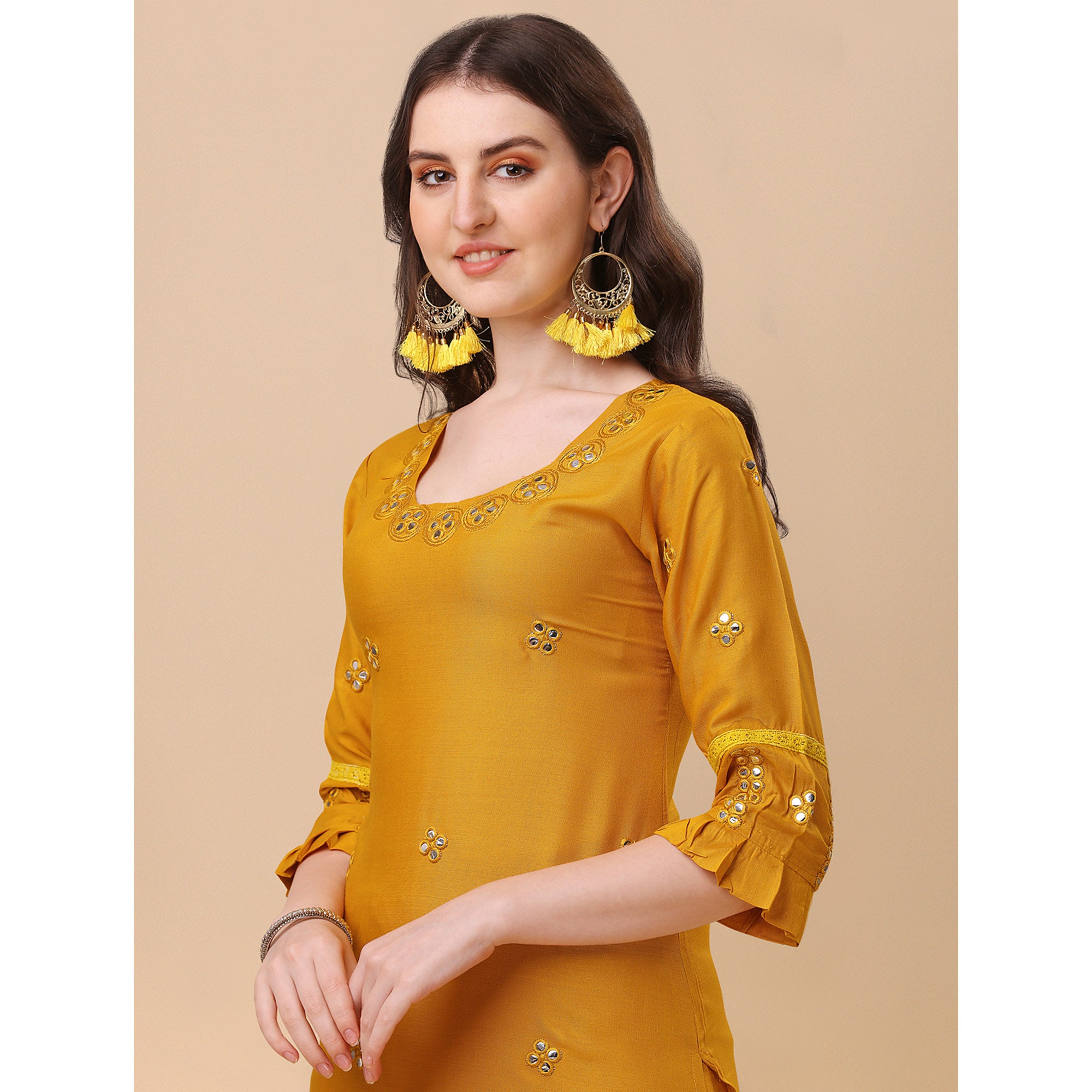 Yellow Embroidered Rayon Salwar Suit