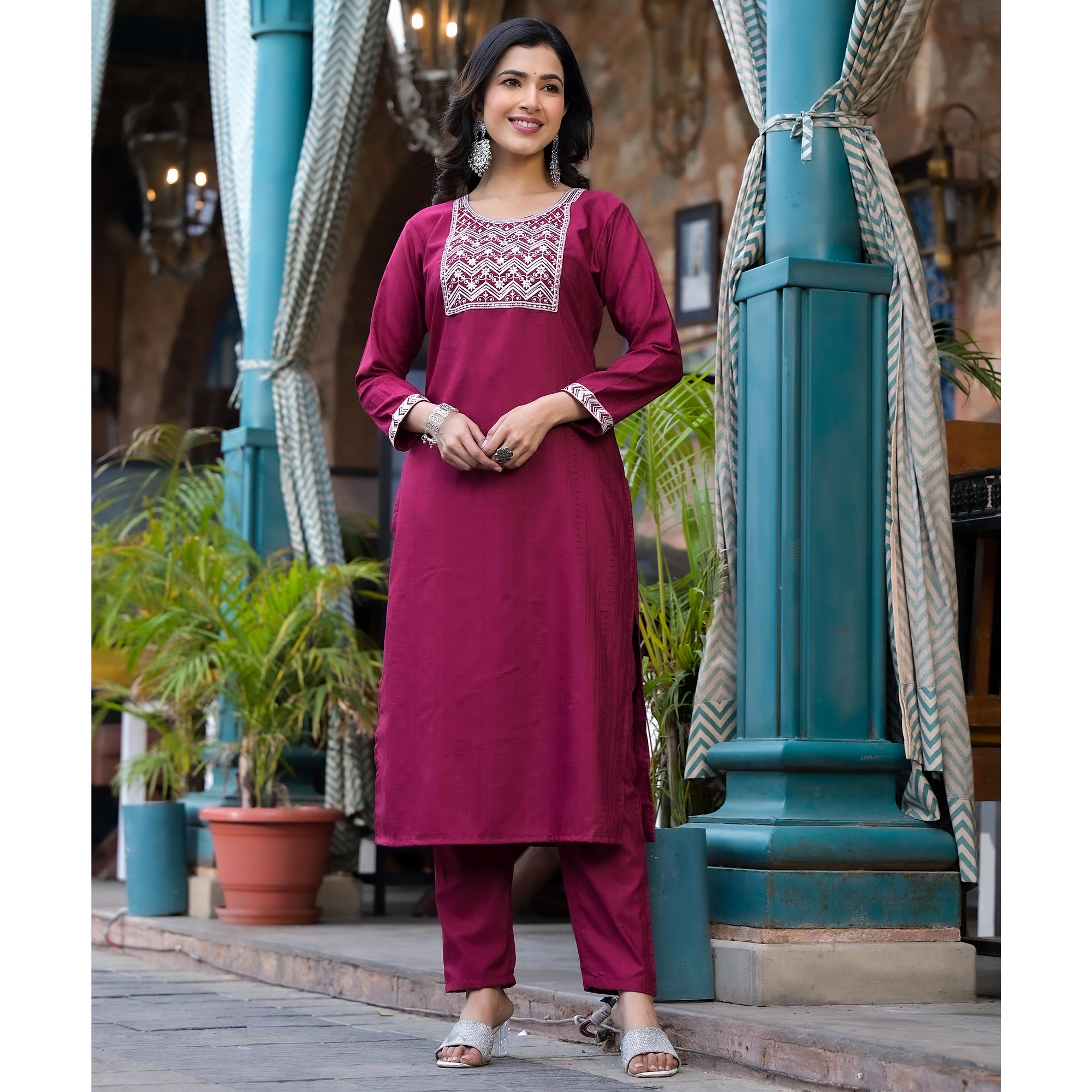 Wine Embroidered Pure Cotton Straight Salwar Suit