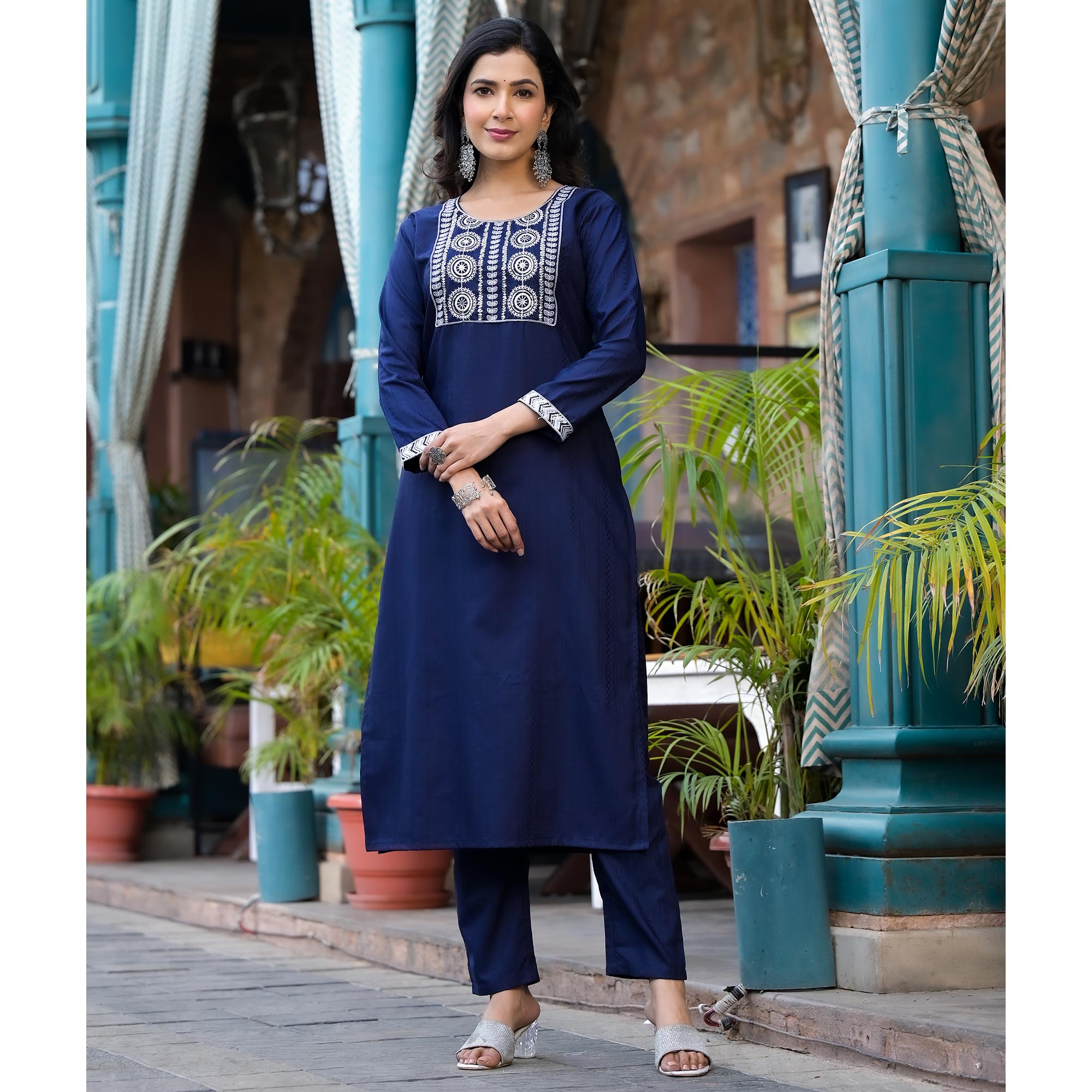 Navy Blue Embroidered Pure Cotton Straight Salwar Suit