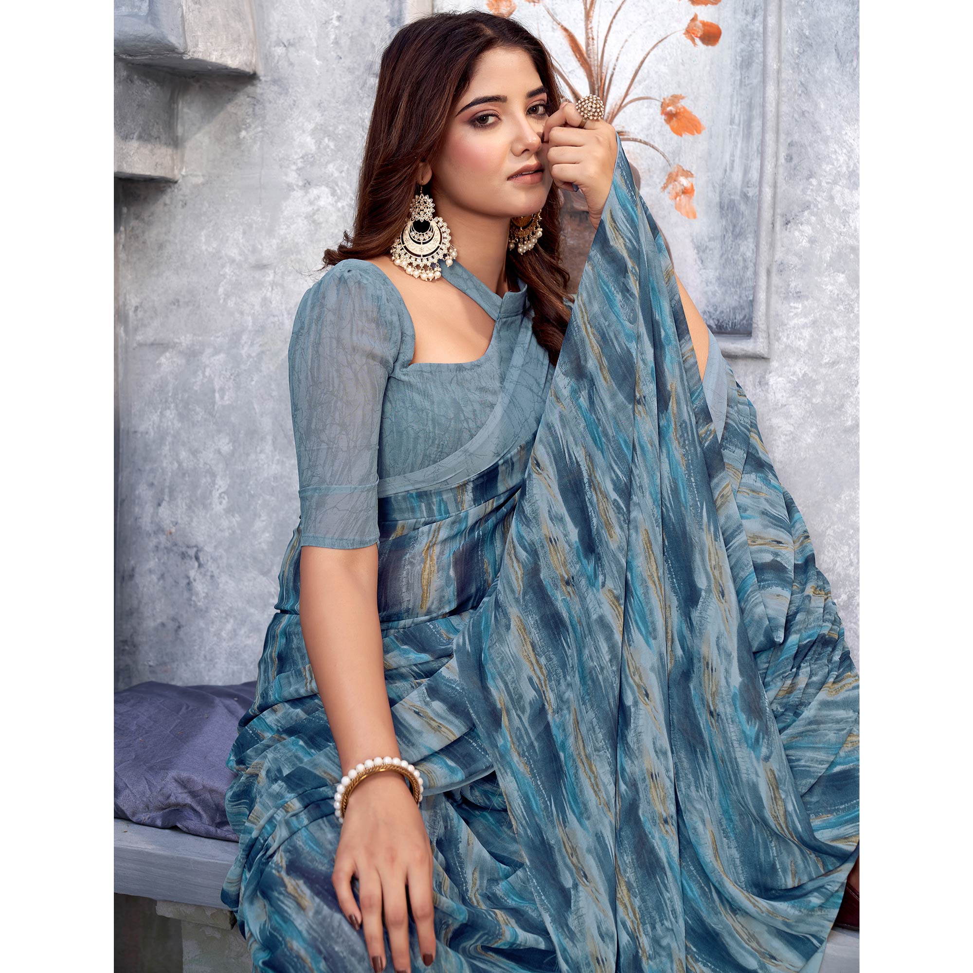 Grey Printed Georgette Saree