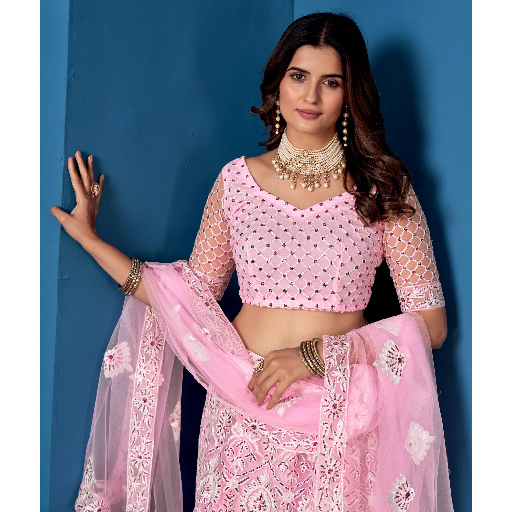 Pink Floral Sequins Embroidered Net Lehenga Choli