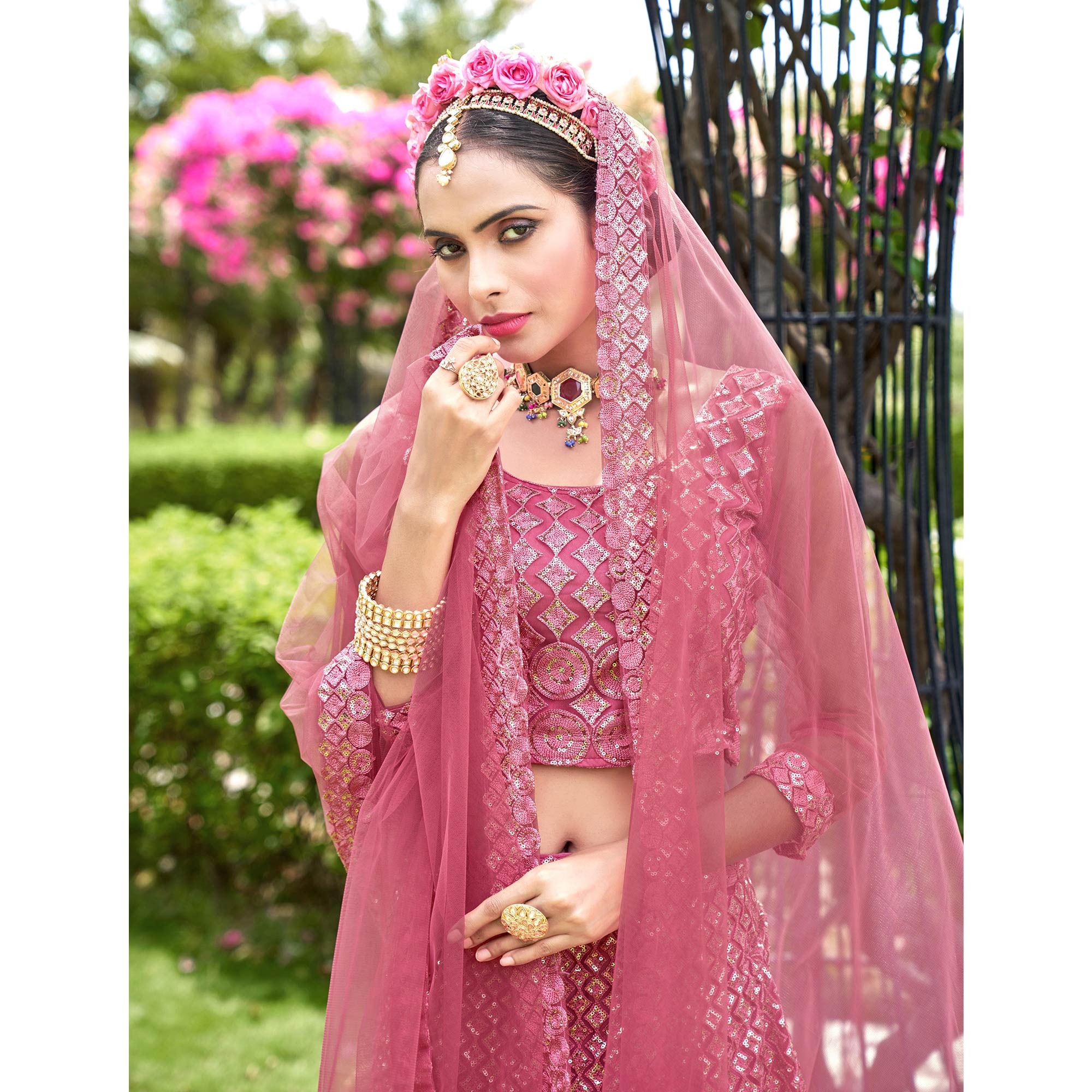 Pink Sequins Embroidered Net Lehenga Choli