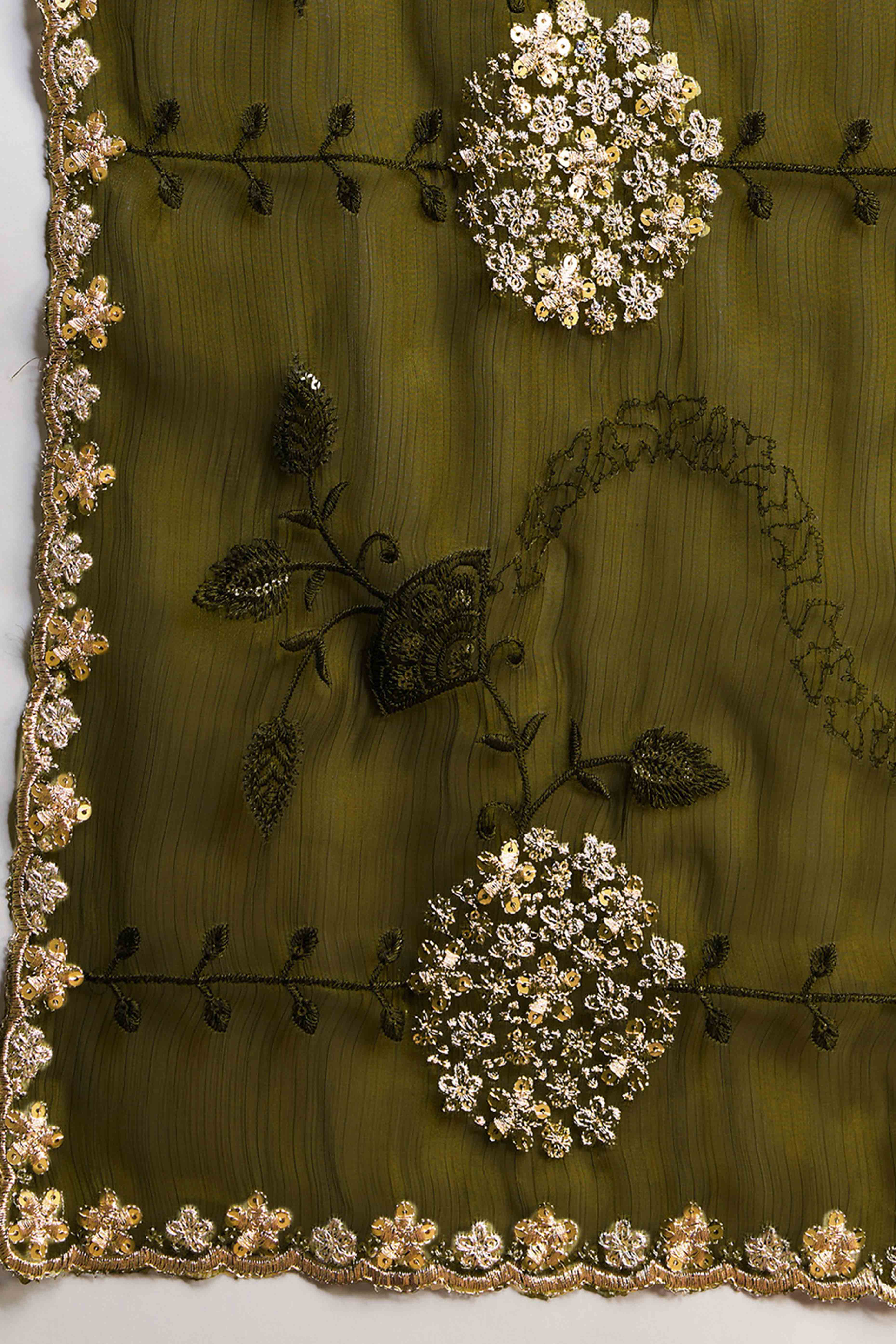 Mehandi Green Floral Design Organza Saree with Glittering Sequins Embroidery