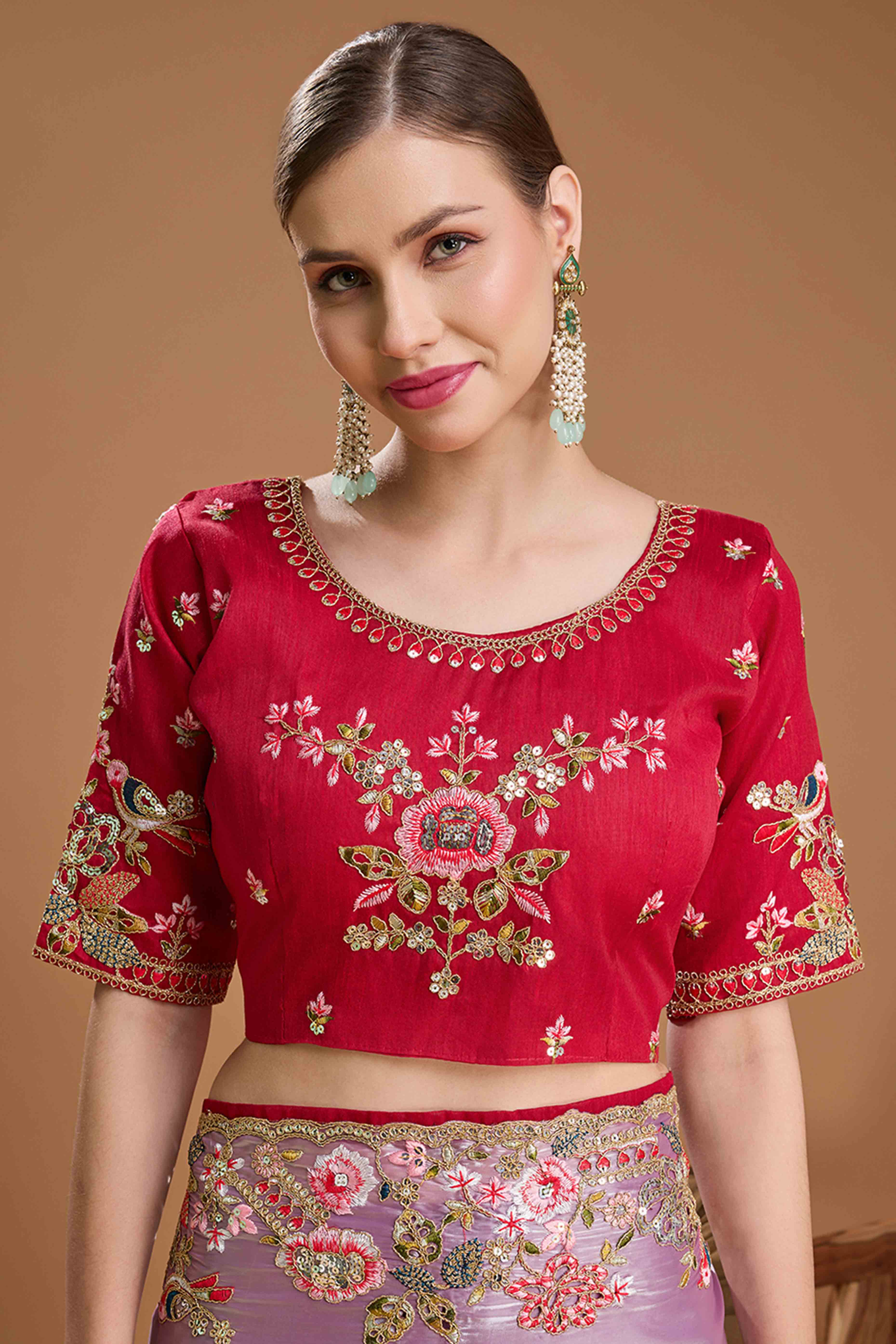 Light Purple Floral Design Organza Saree with Glittering Sequins Embroidery