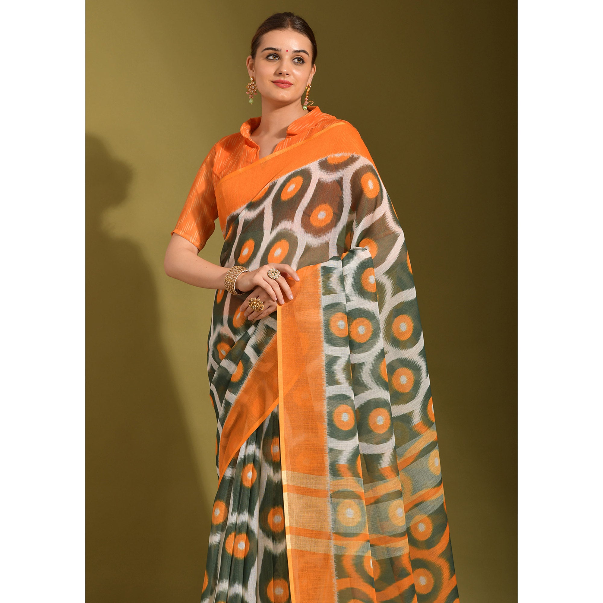 Orange Geometric Digital Printed Linen Saree With Tassels