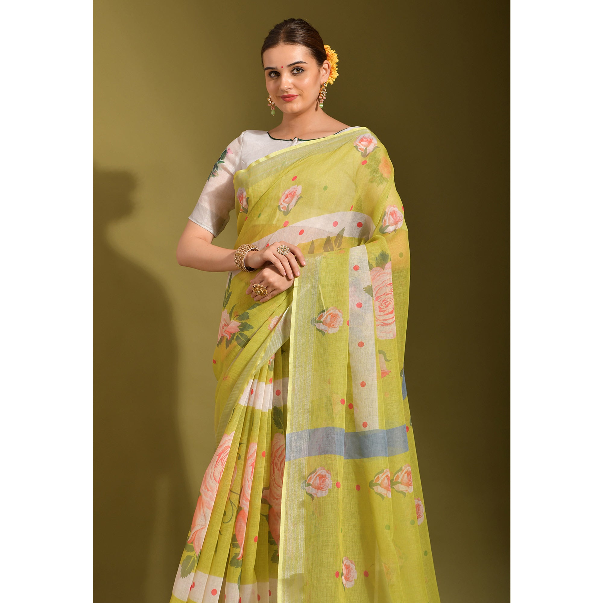 Green Floral Digital Printed Linen Saree With Tassels