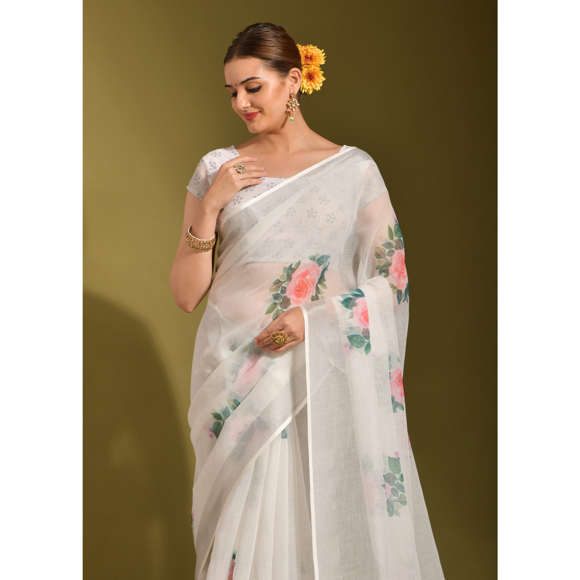 White Floral Digital Printed Linen Saree With Tassels