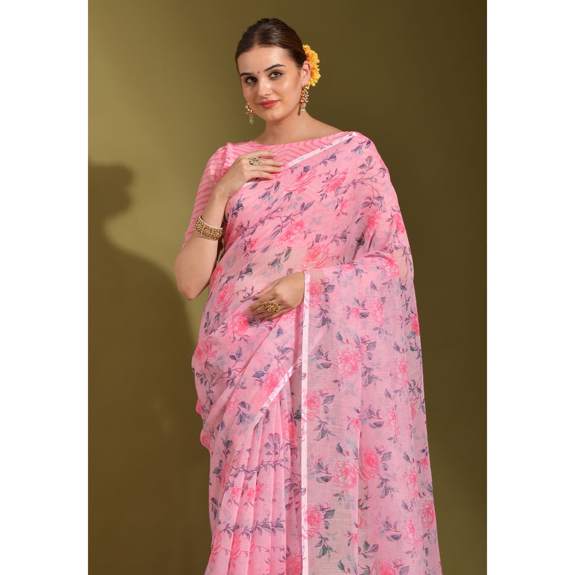 Pink Floral Digital Printed Linen Saree With Tassels