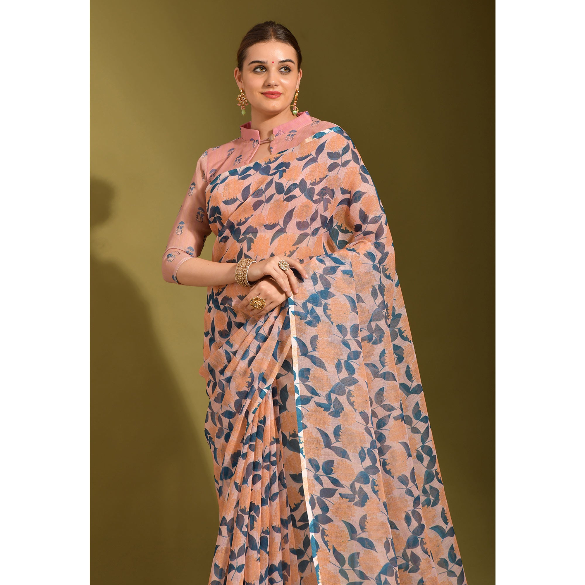 Peach Floral Digital Printed Linen Saree With Tassels