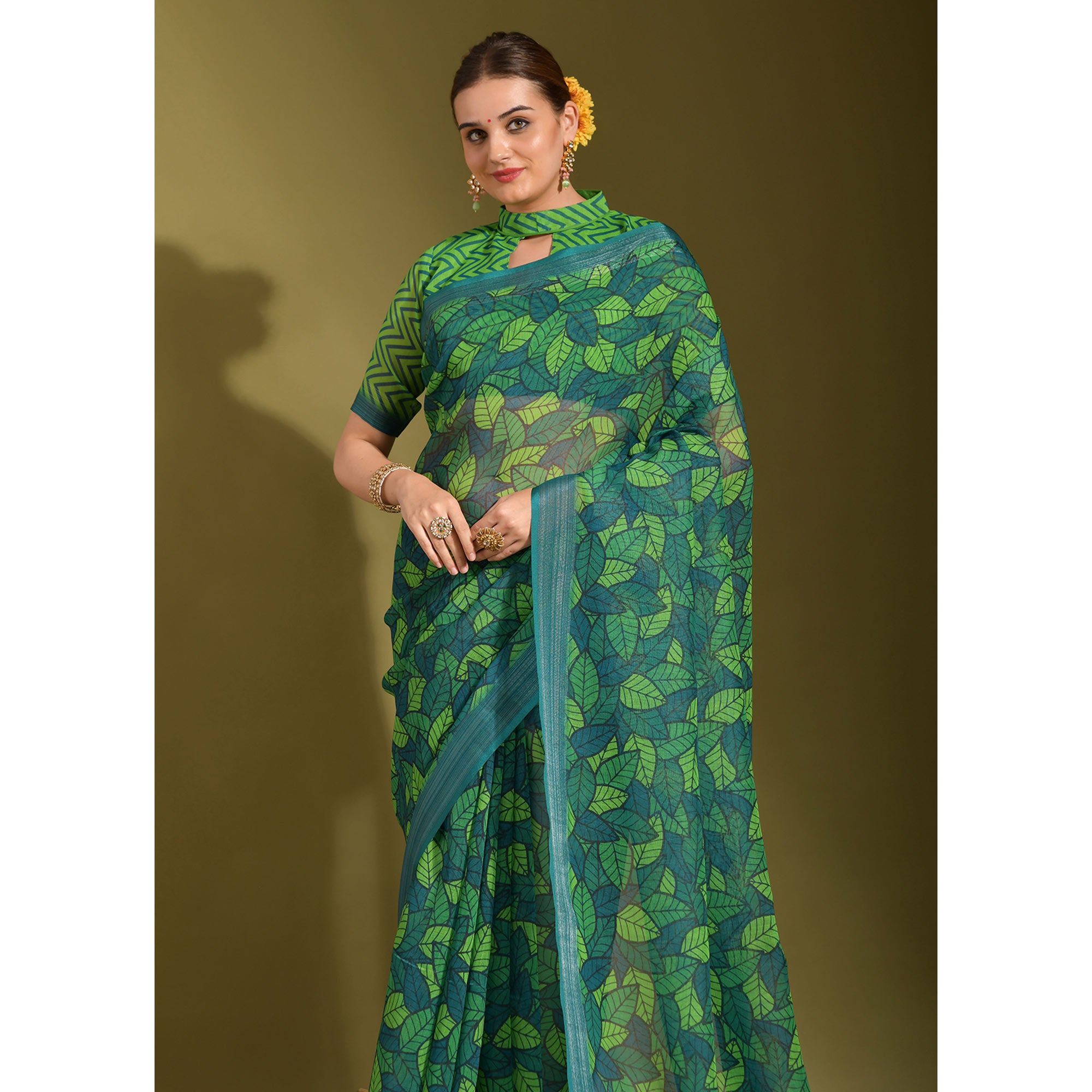 Green Digital Printed Linen Saree With Tassels