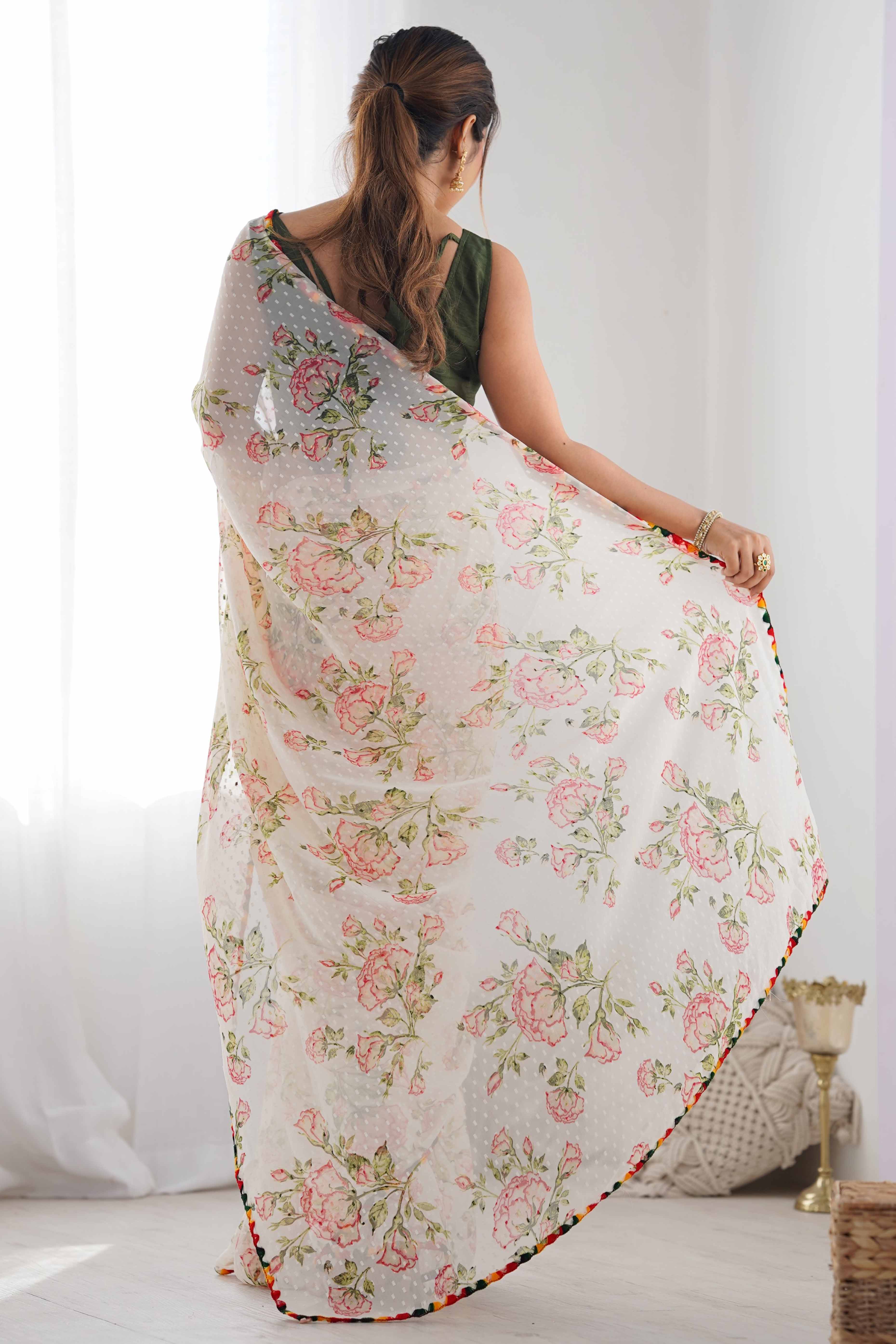 Off White Floral Printed Georgette Saree