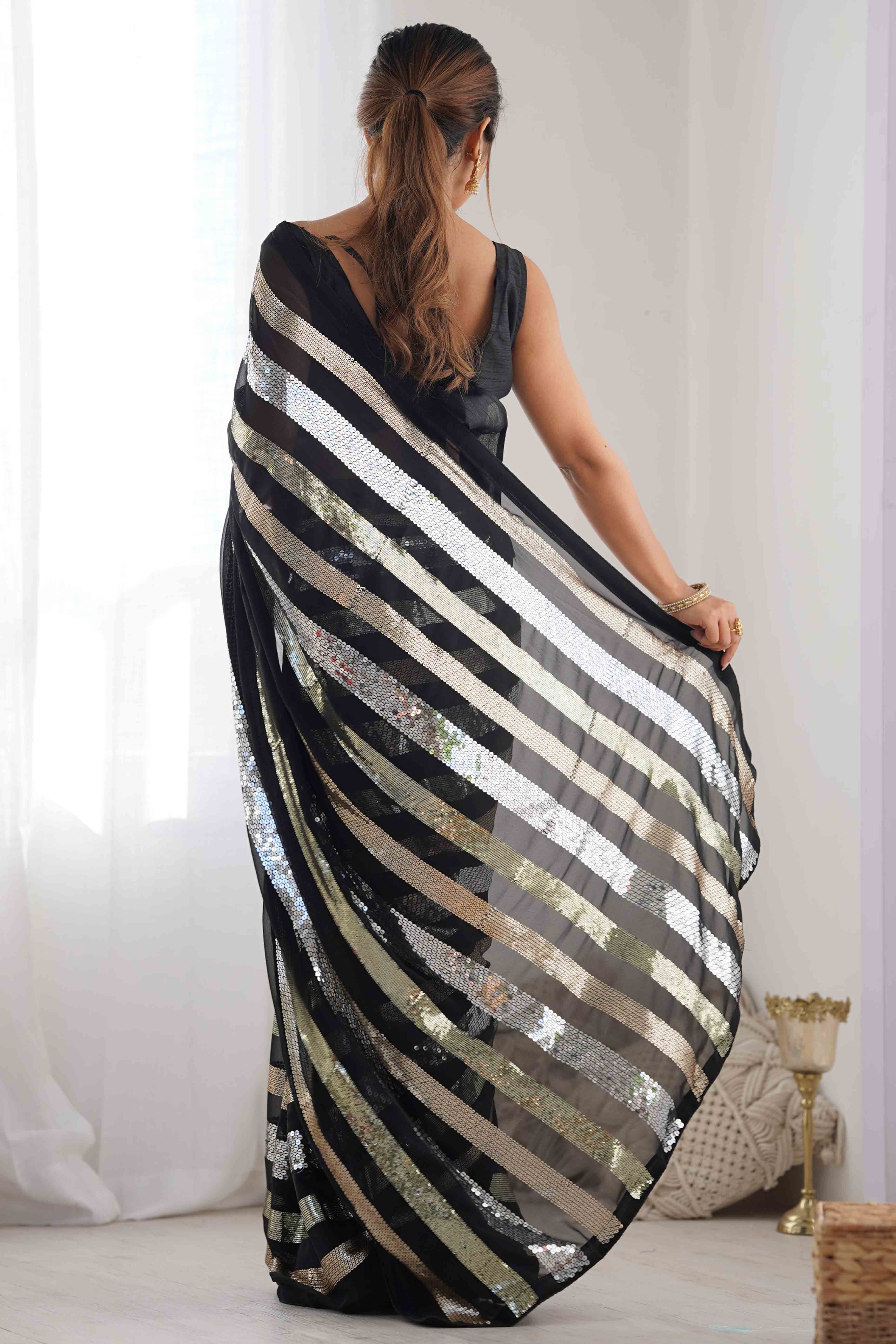Black Sequins Embroidered Georgette Saree