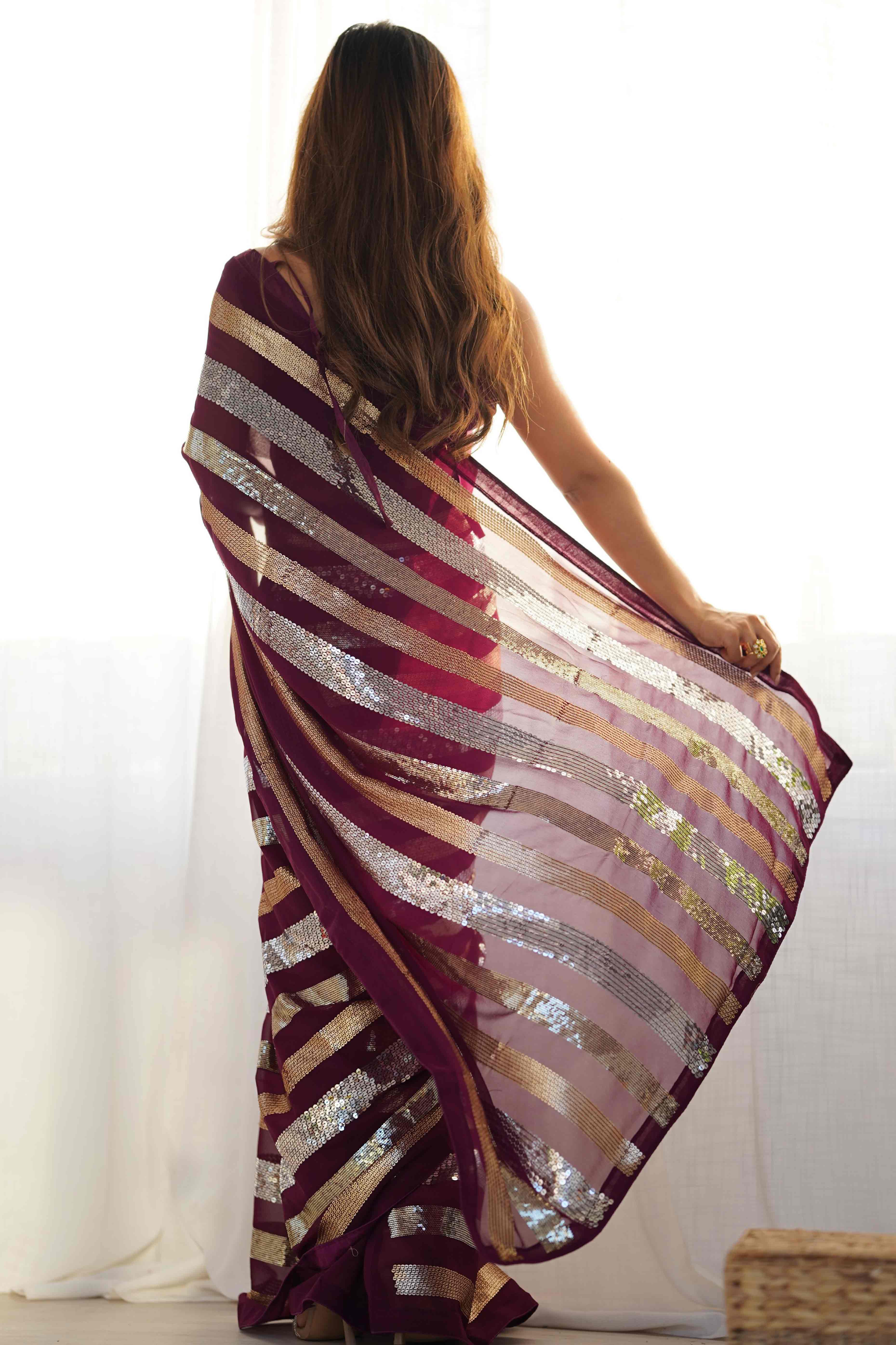 Wine Sequins Embrodered Georgette Saree