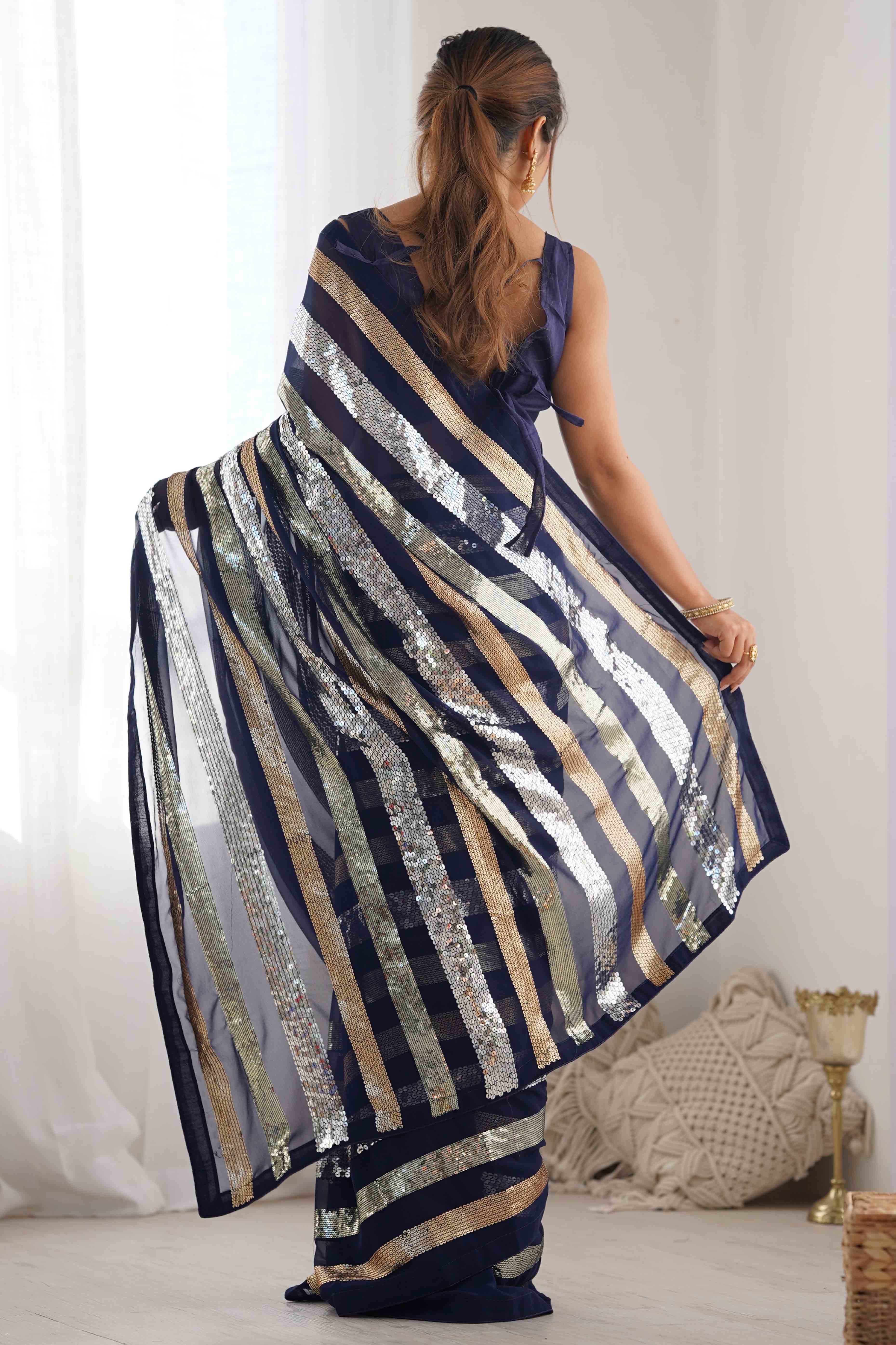 Blue Sequins Embroidered Georgette Saree