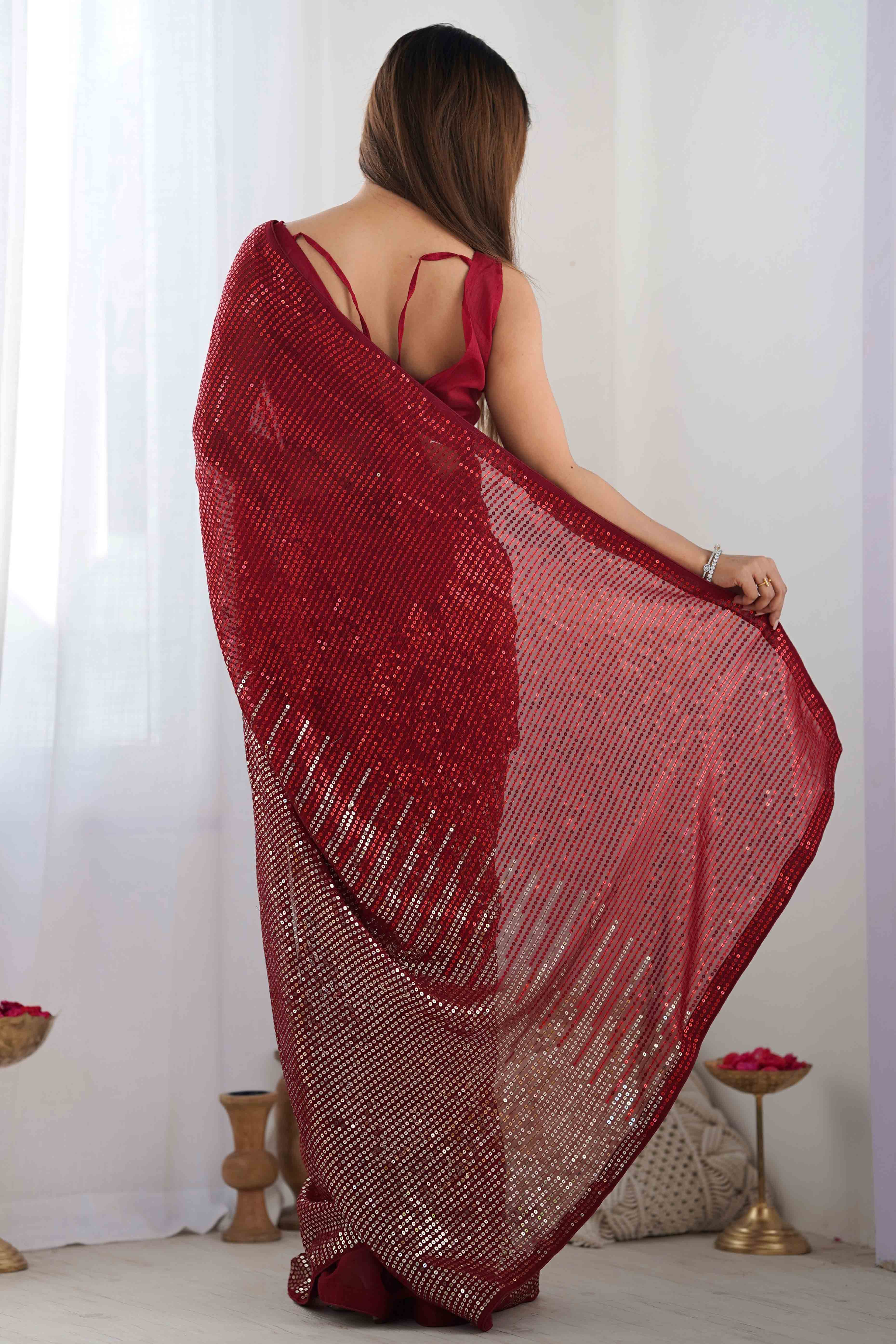 Maroon Sequins Embroidered Georgette Saree