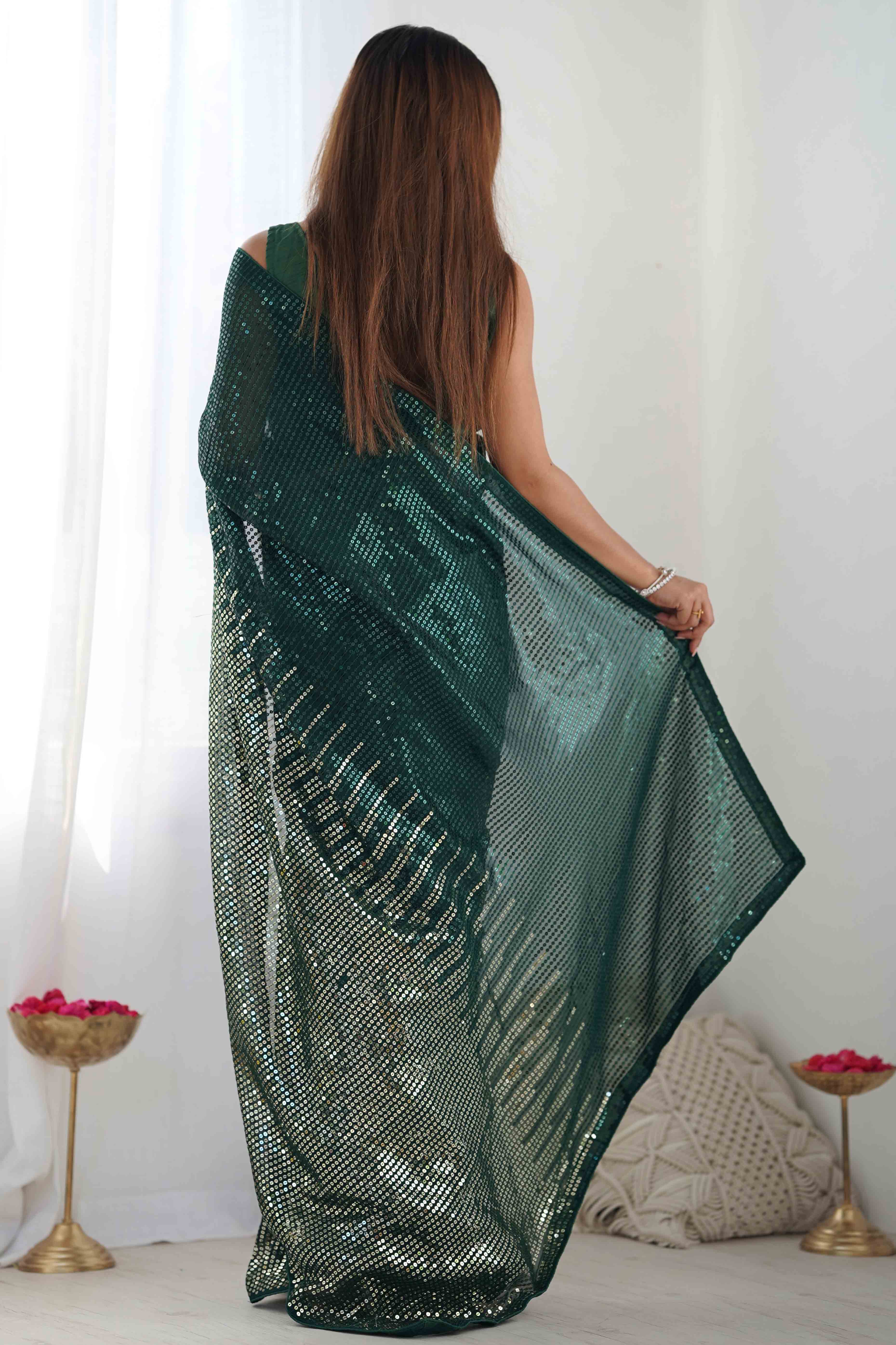 Green Sequins Embroidered Georgette Saree
