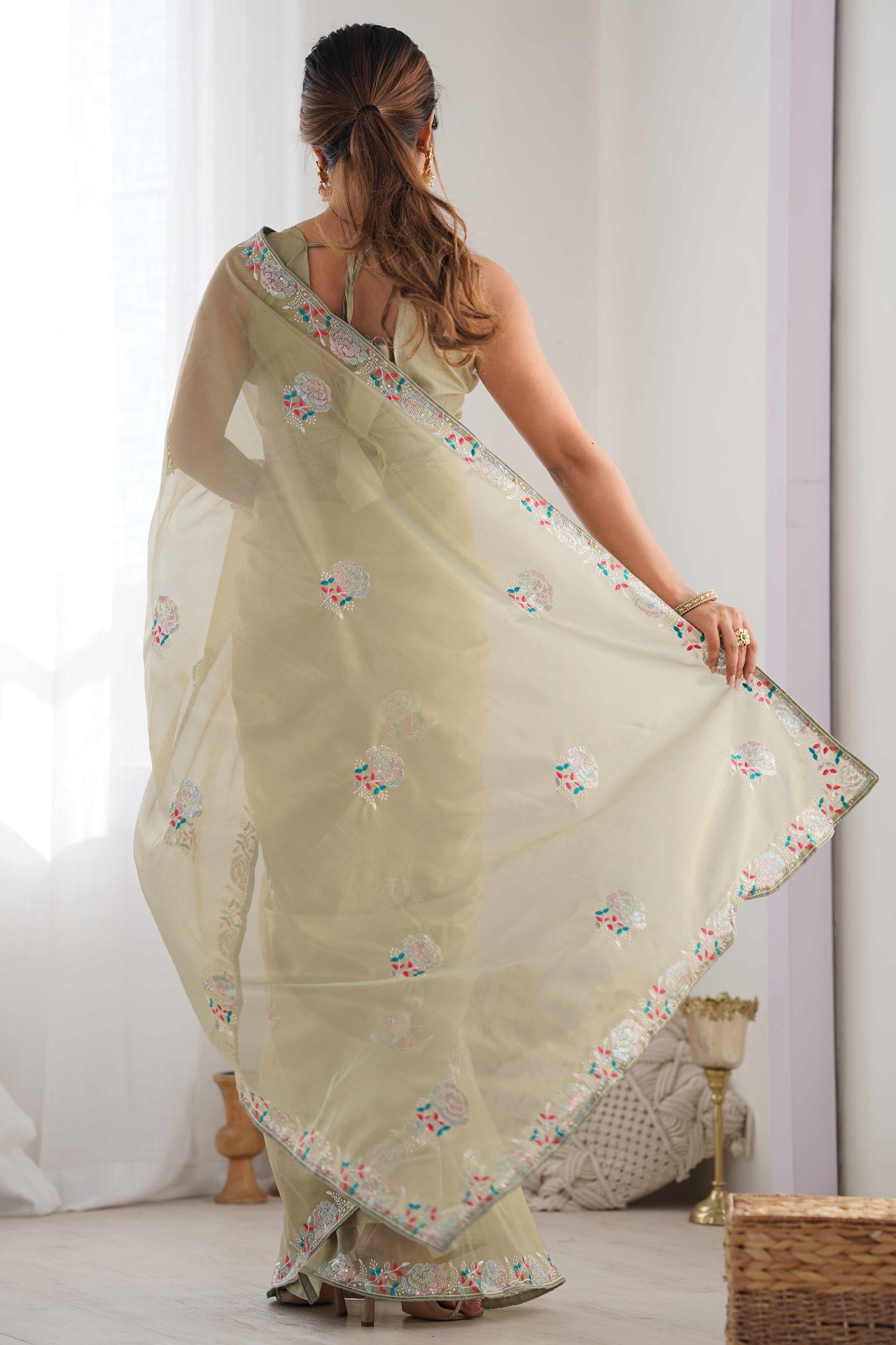 Green Floral Embroidered Net Saree