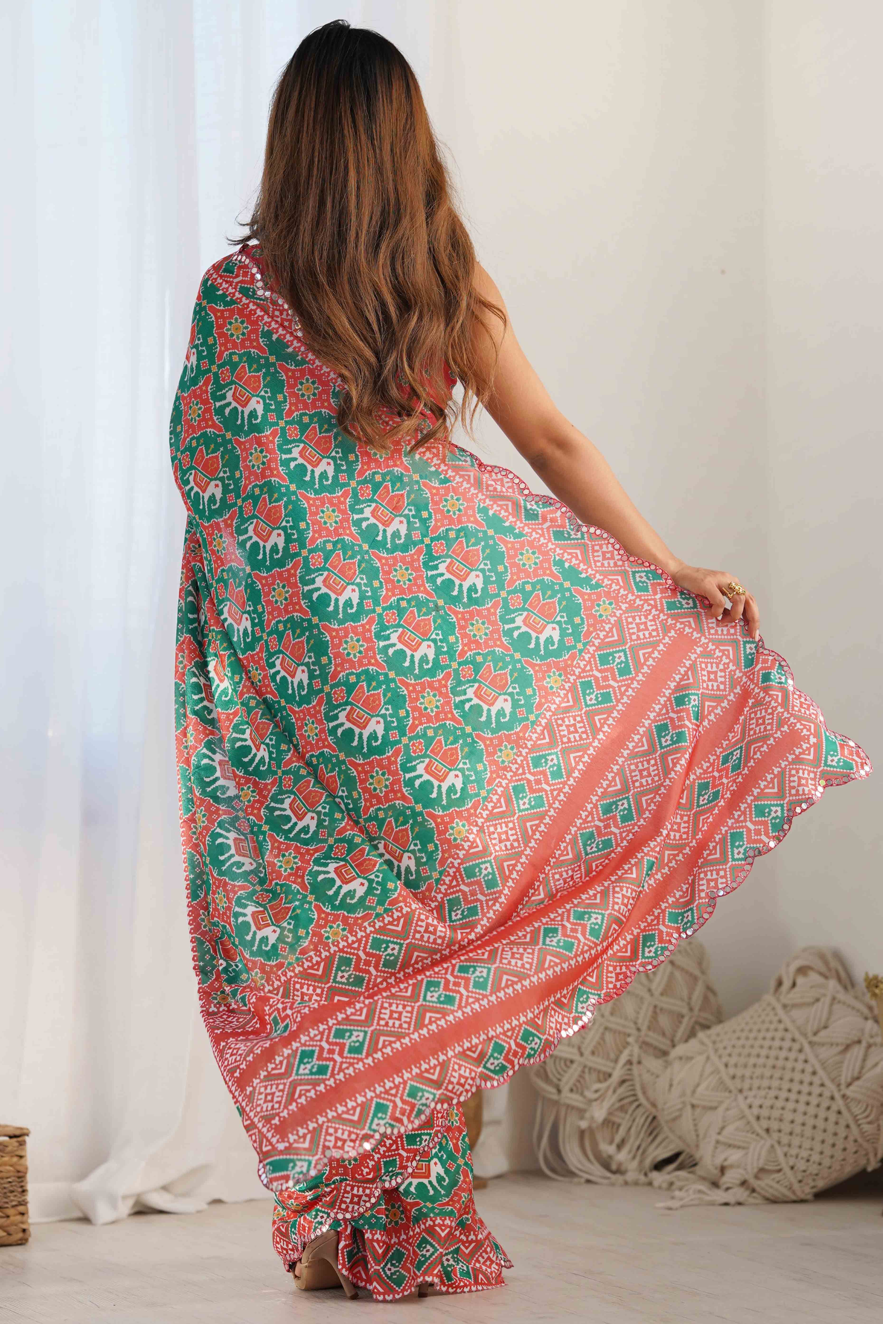 Rama Green Patola Printed Chinon Saree