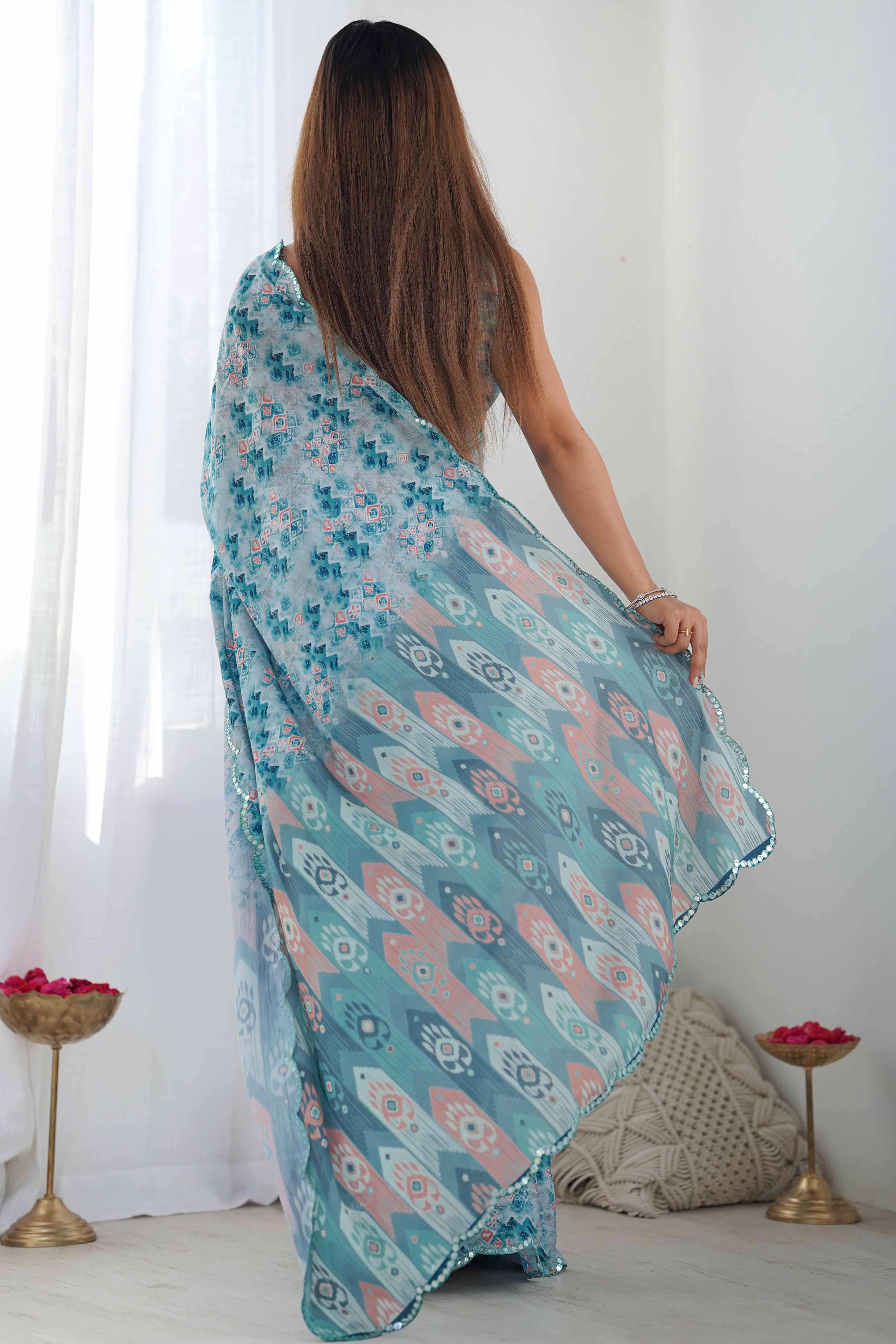 Sky Blue Geometric Printed Chinon Saree