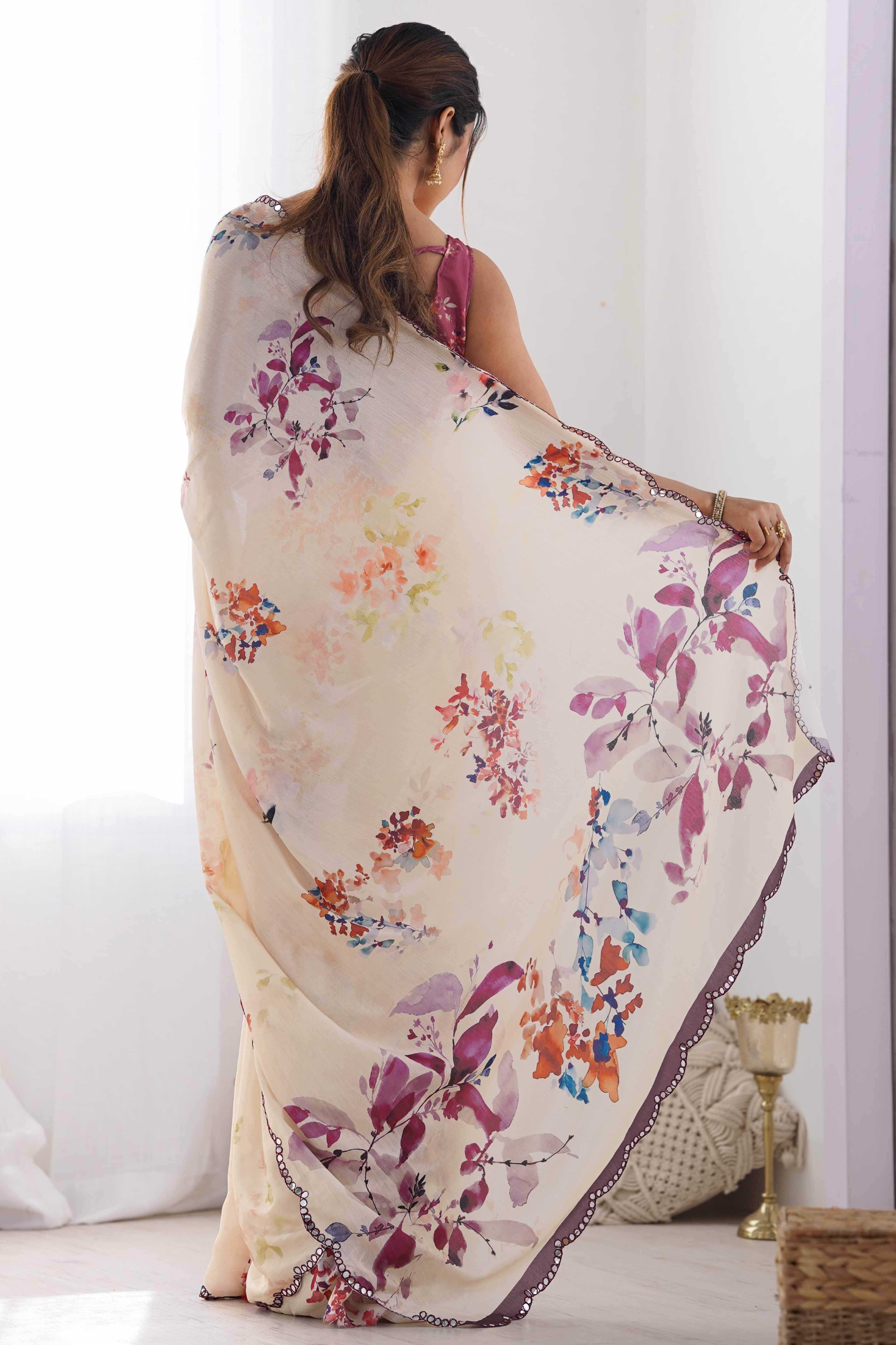 Cream Floral Printed Chinon Saree