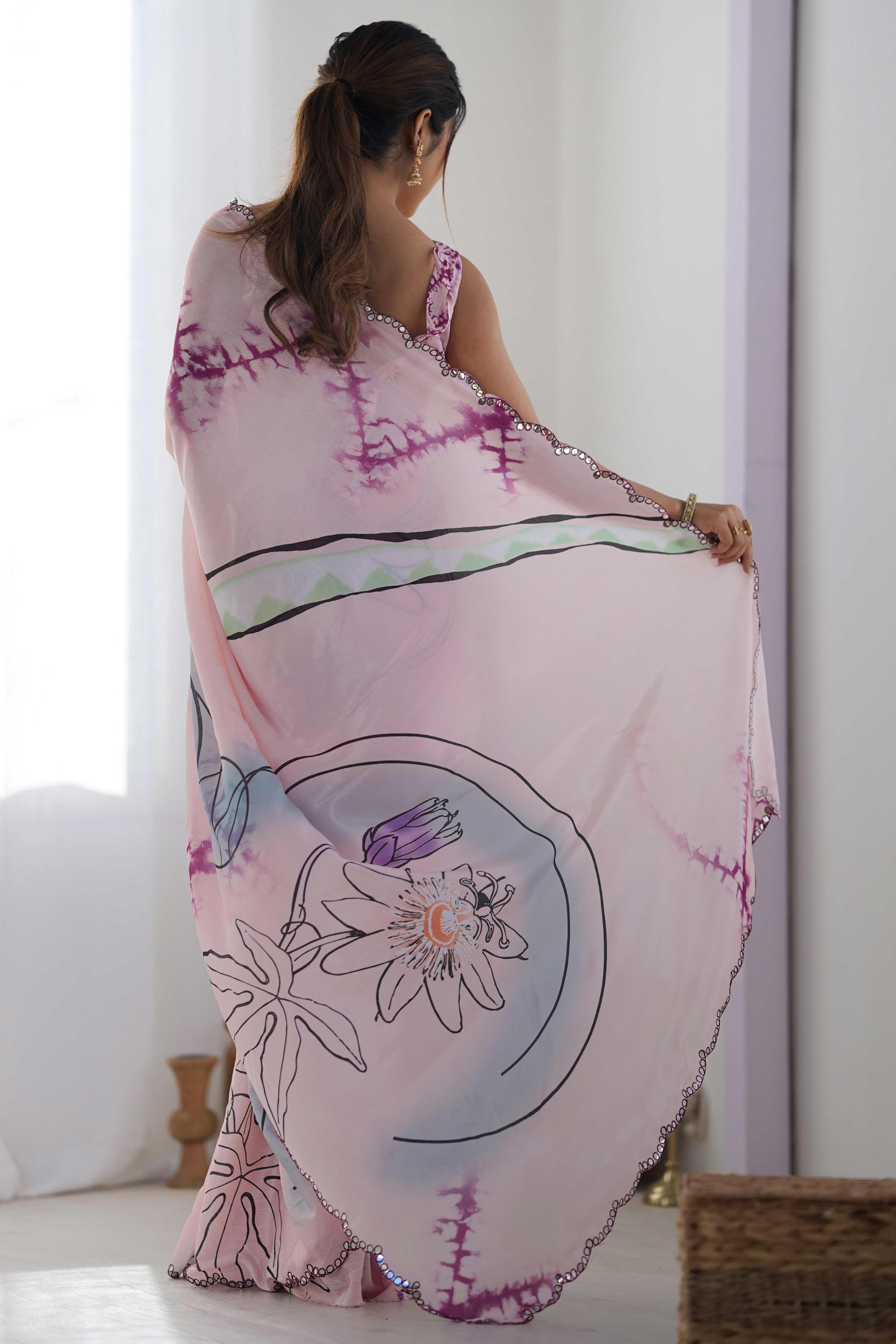 Light Pink Abstract Printed Chinon Saree