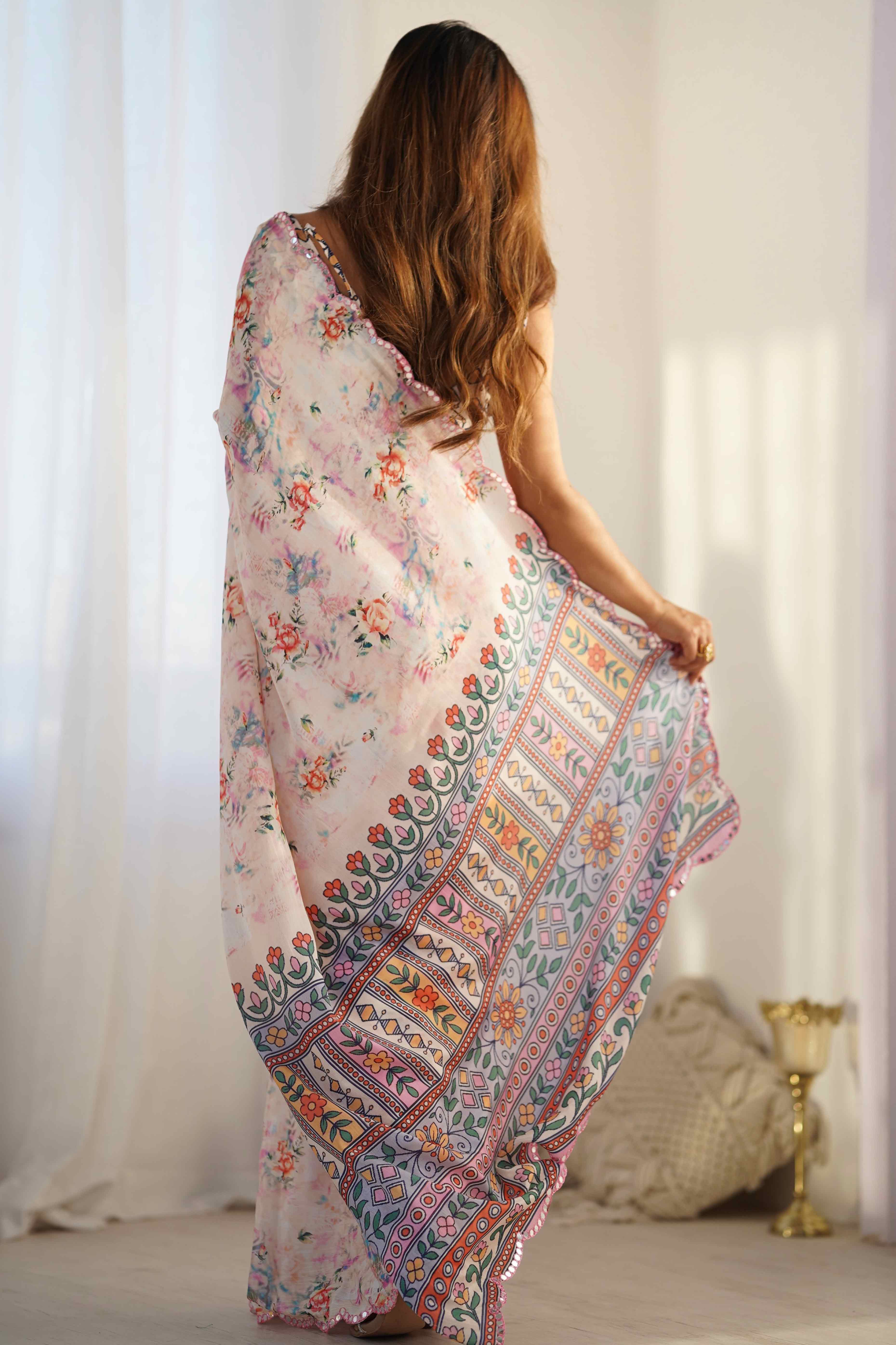 Peach Floral Printed Chinon Saree