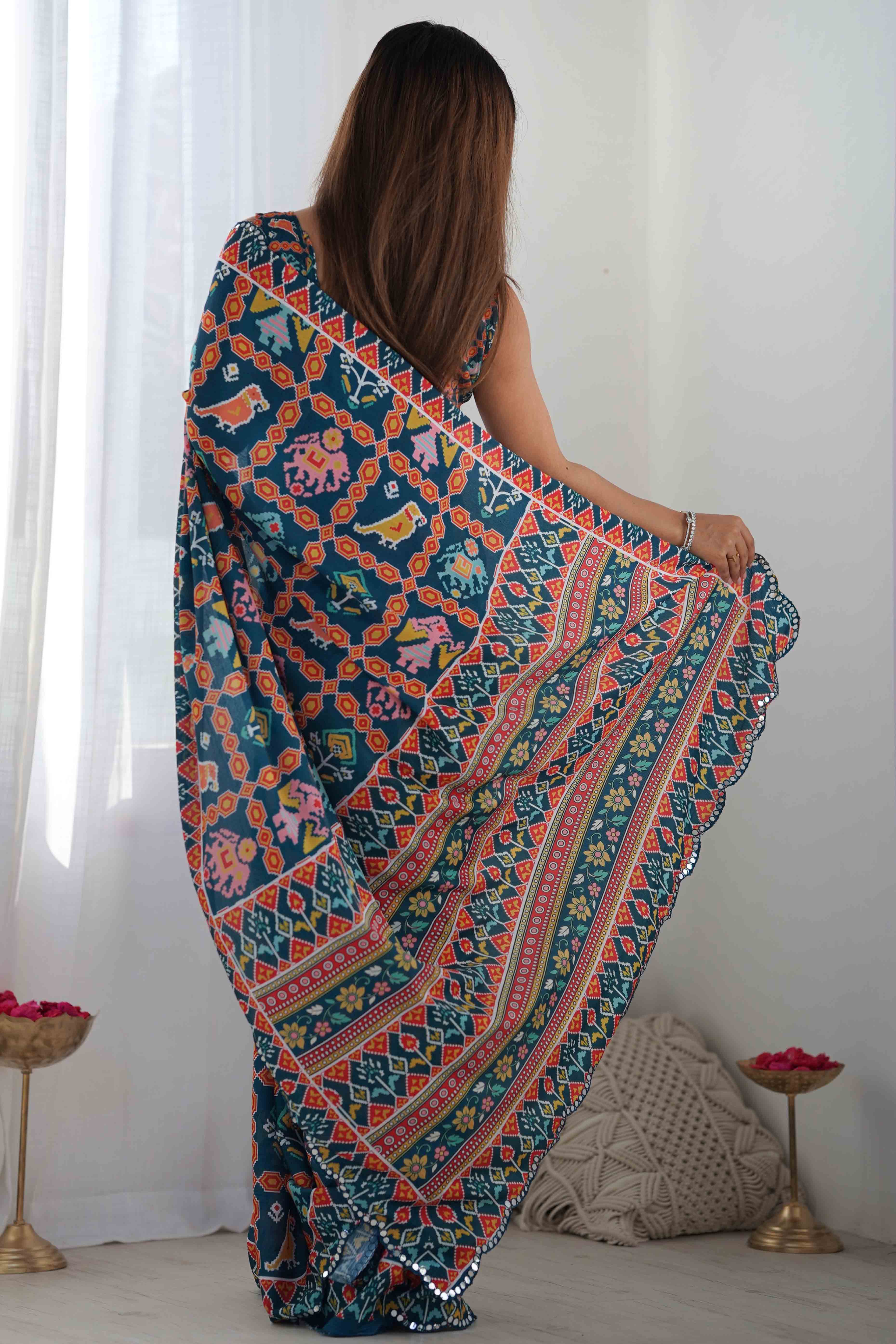 Teal Patola Printed Chinon Saree