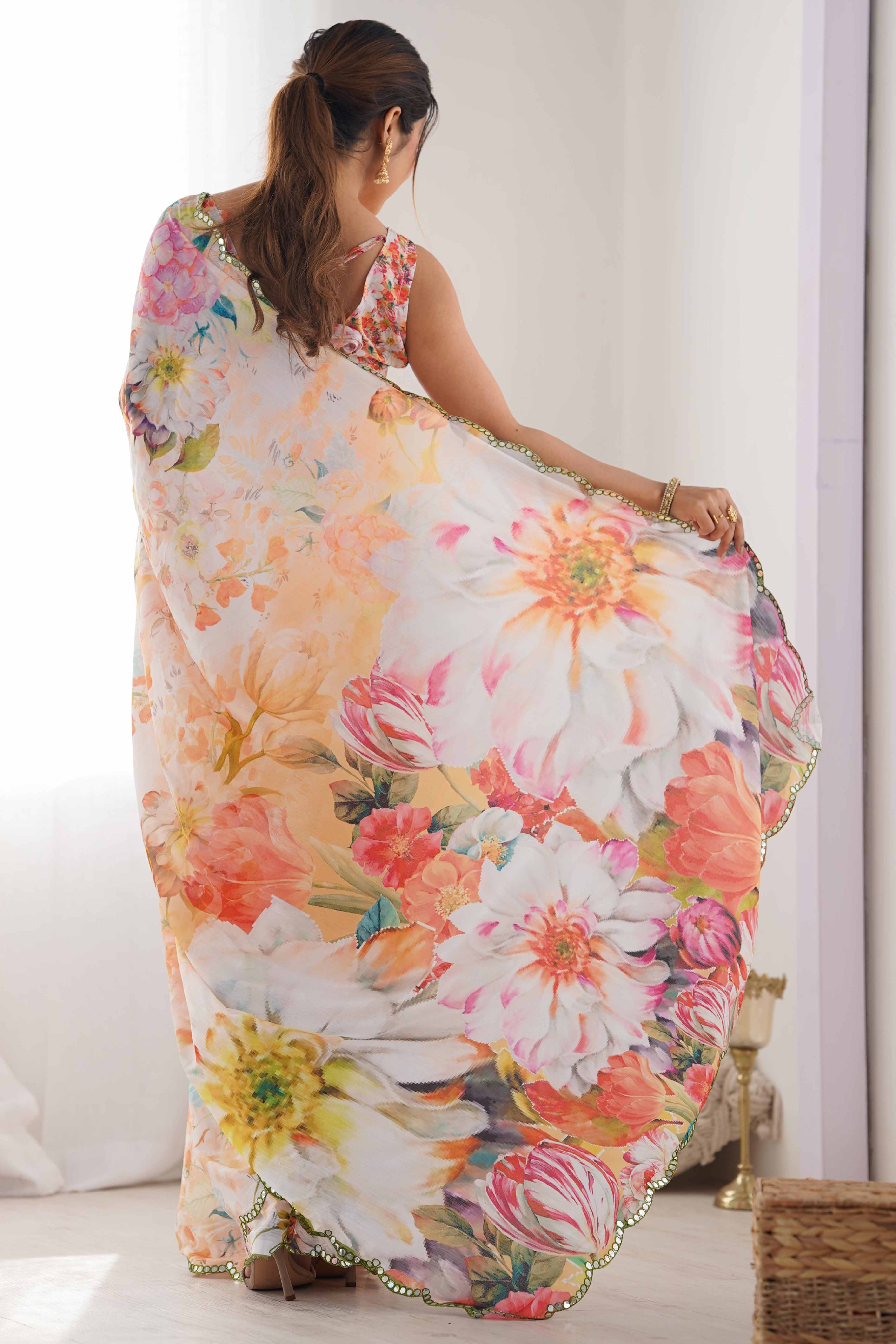 Off White Floral Printed Chinon Saree