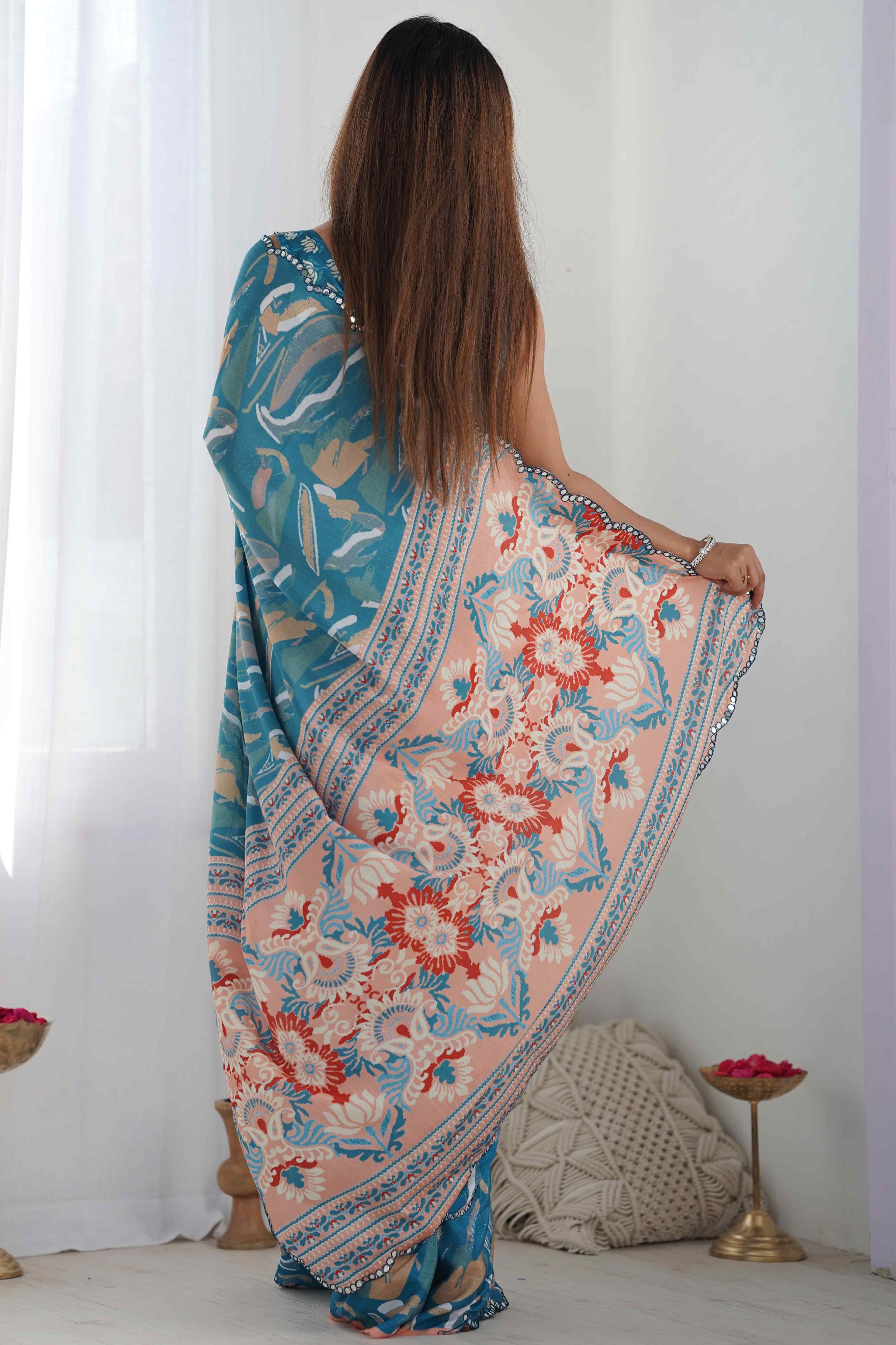 Light Teal Floral Printed Chinon Saree