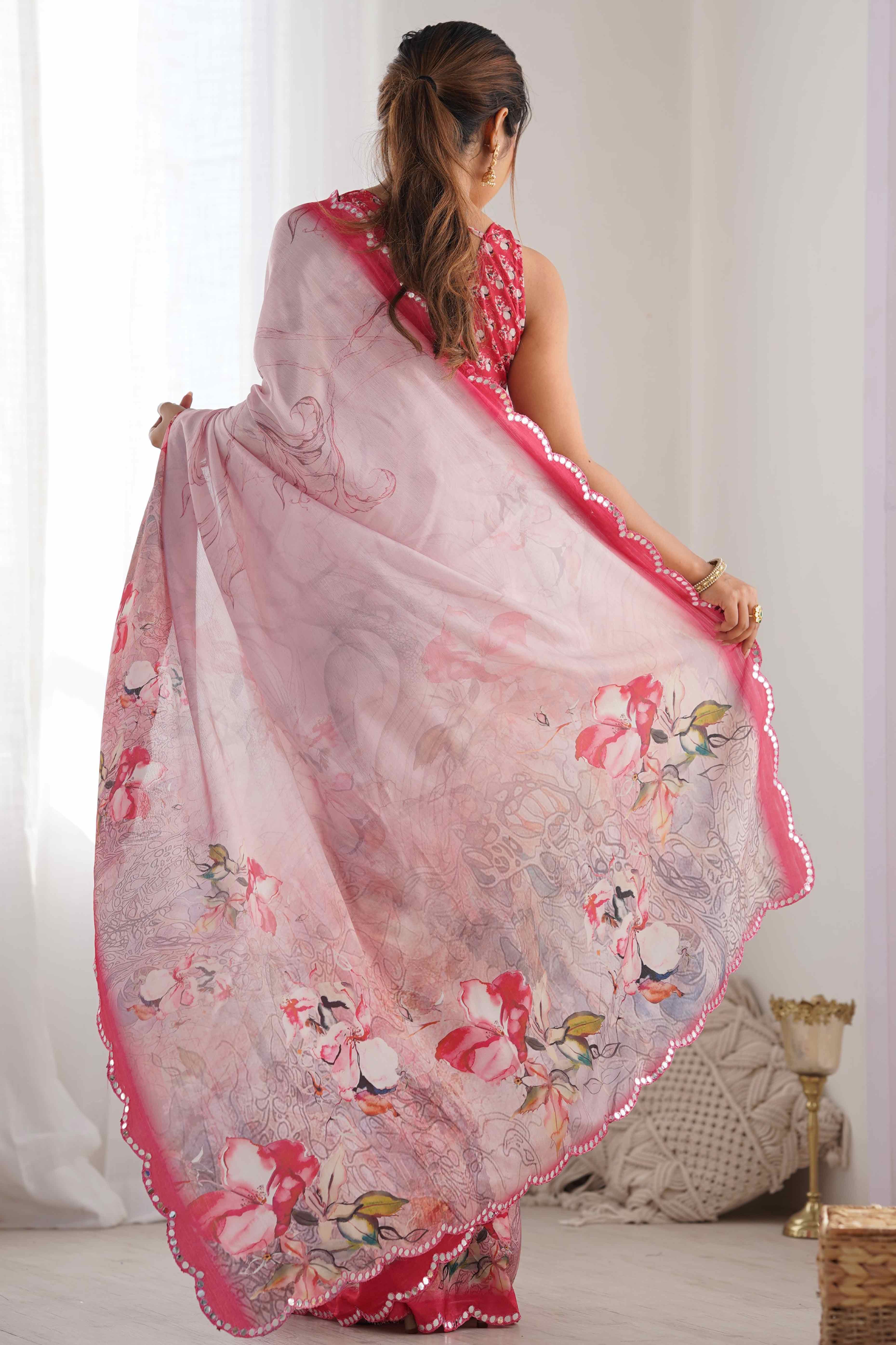 Baby Pink Floral Printed Chinon Saree