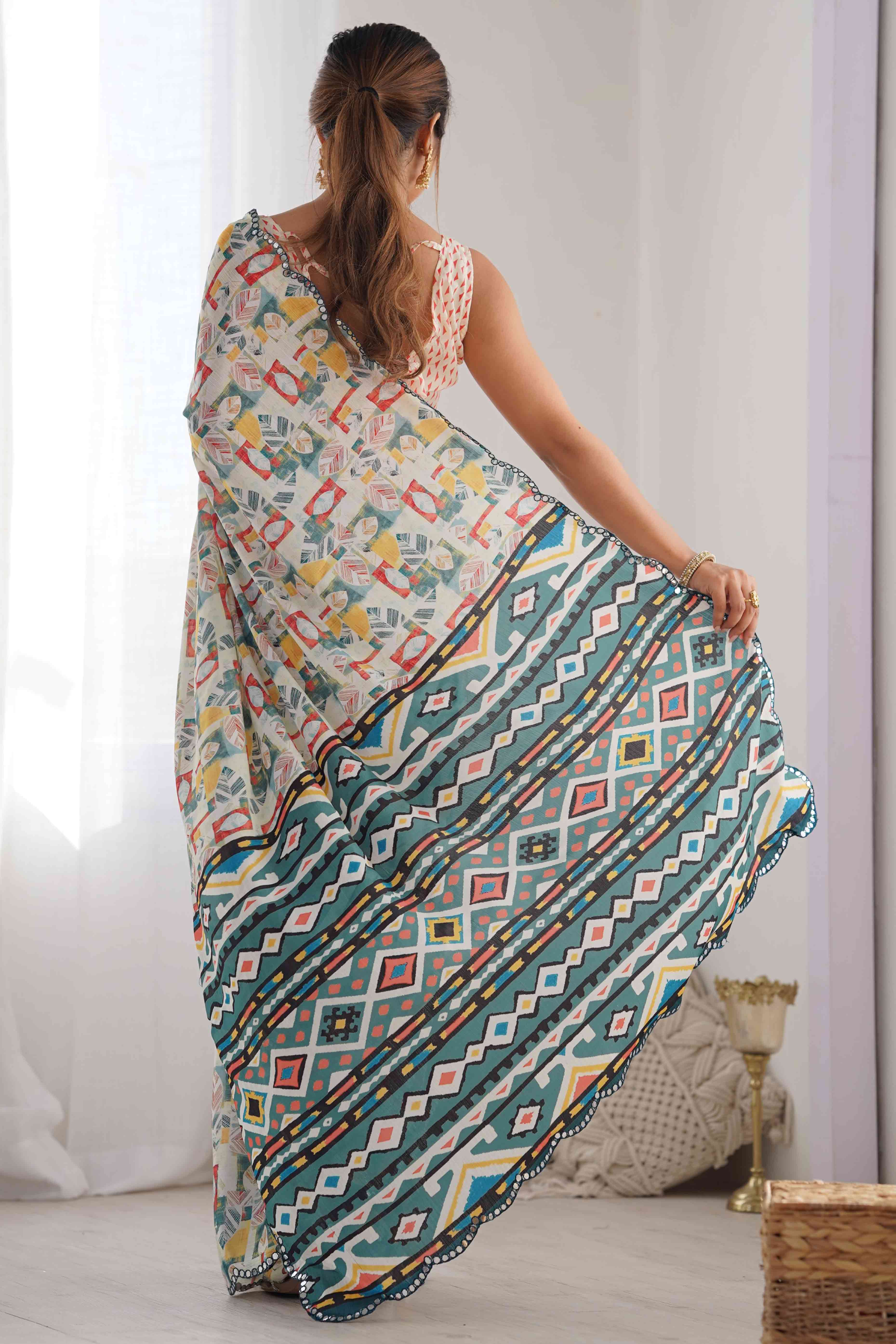 Off White Abstract Printed Chinon Saree