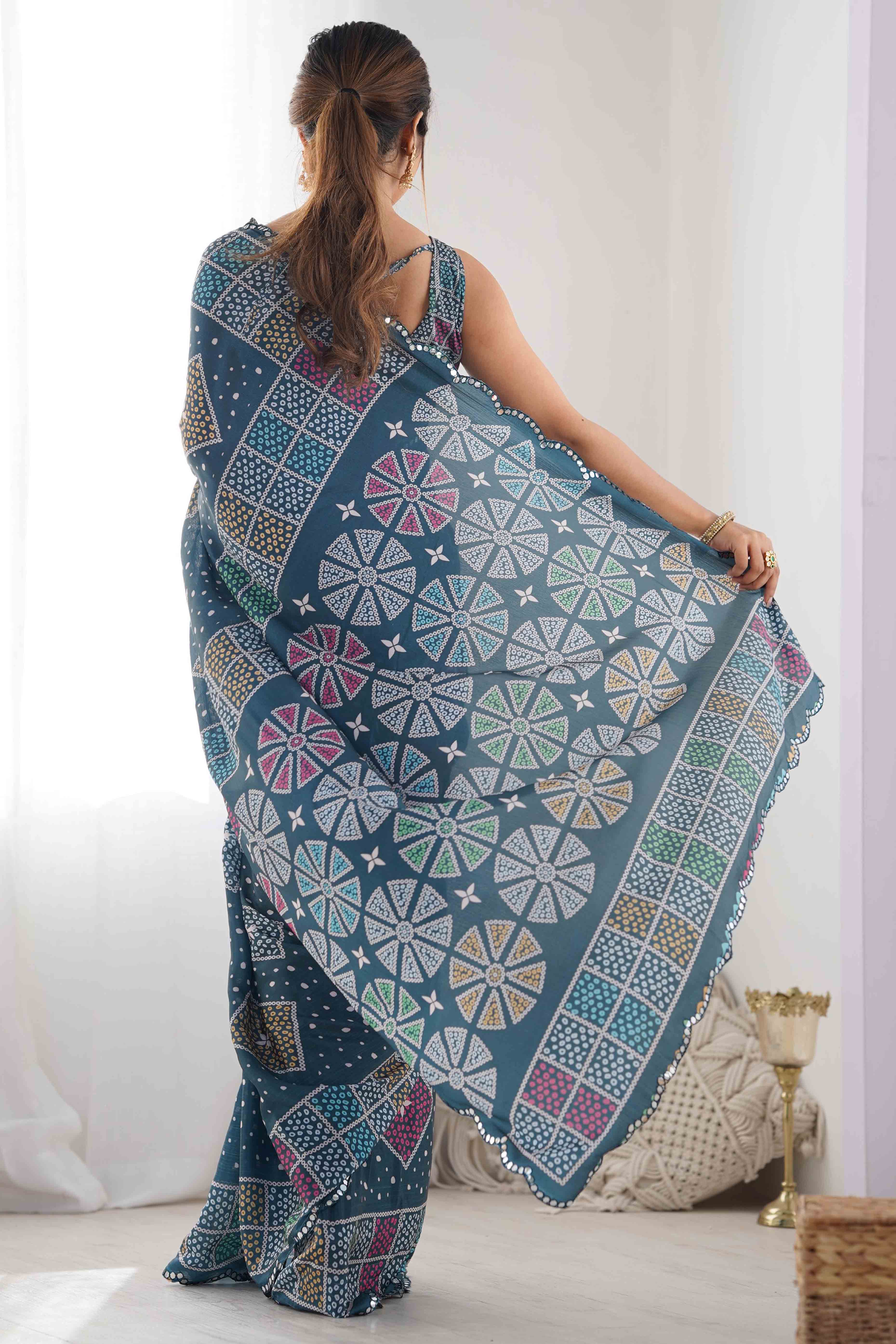 Teal Geometric Printed Chinon Saree