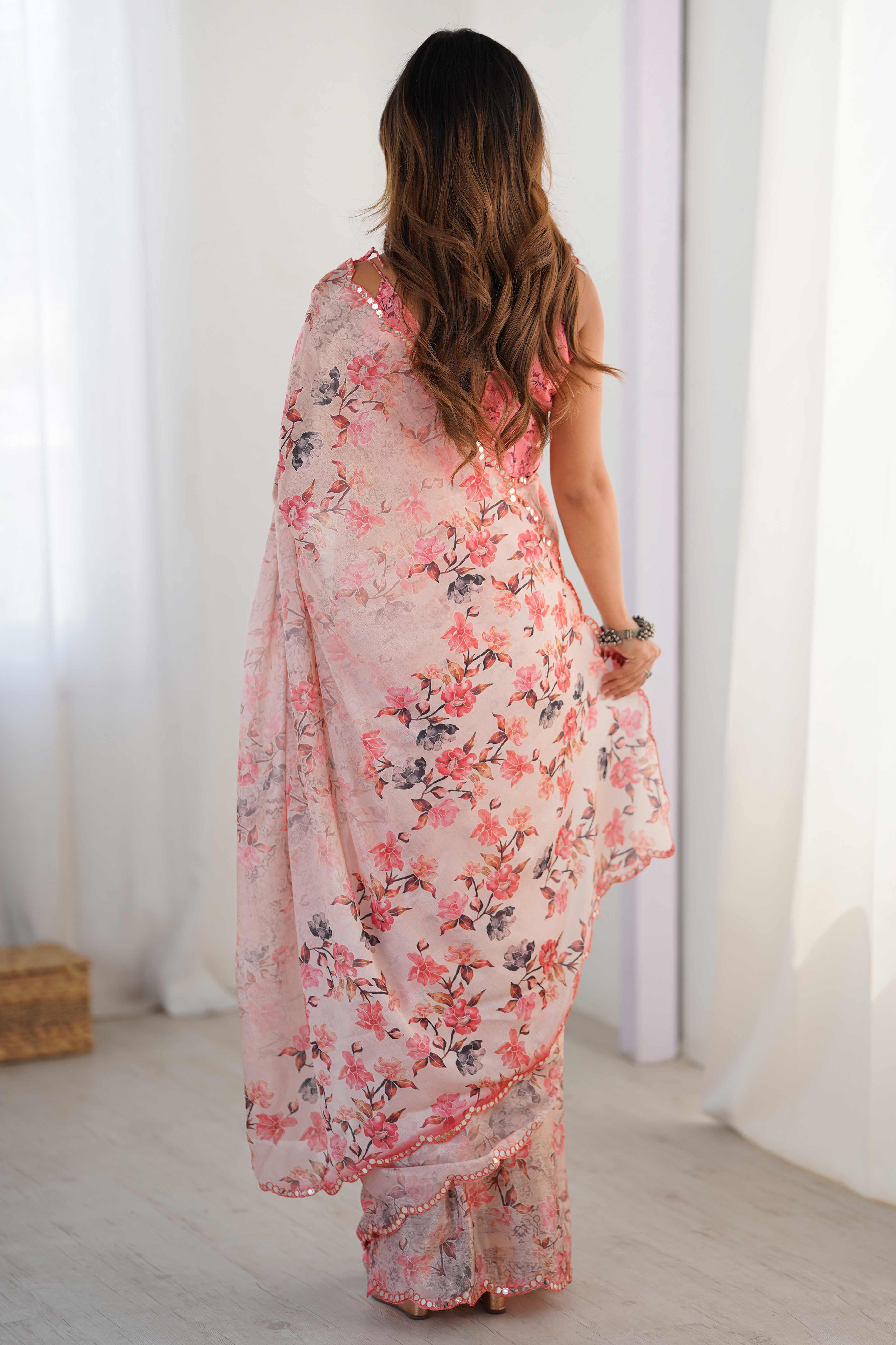 Pink Floral Printed Chinon Saree with Shimmering Mirror Detailing