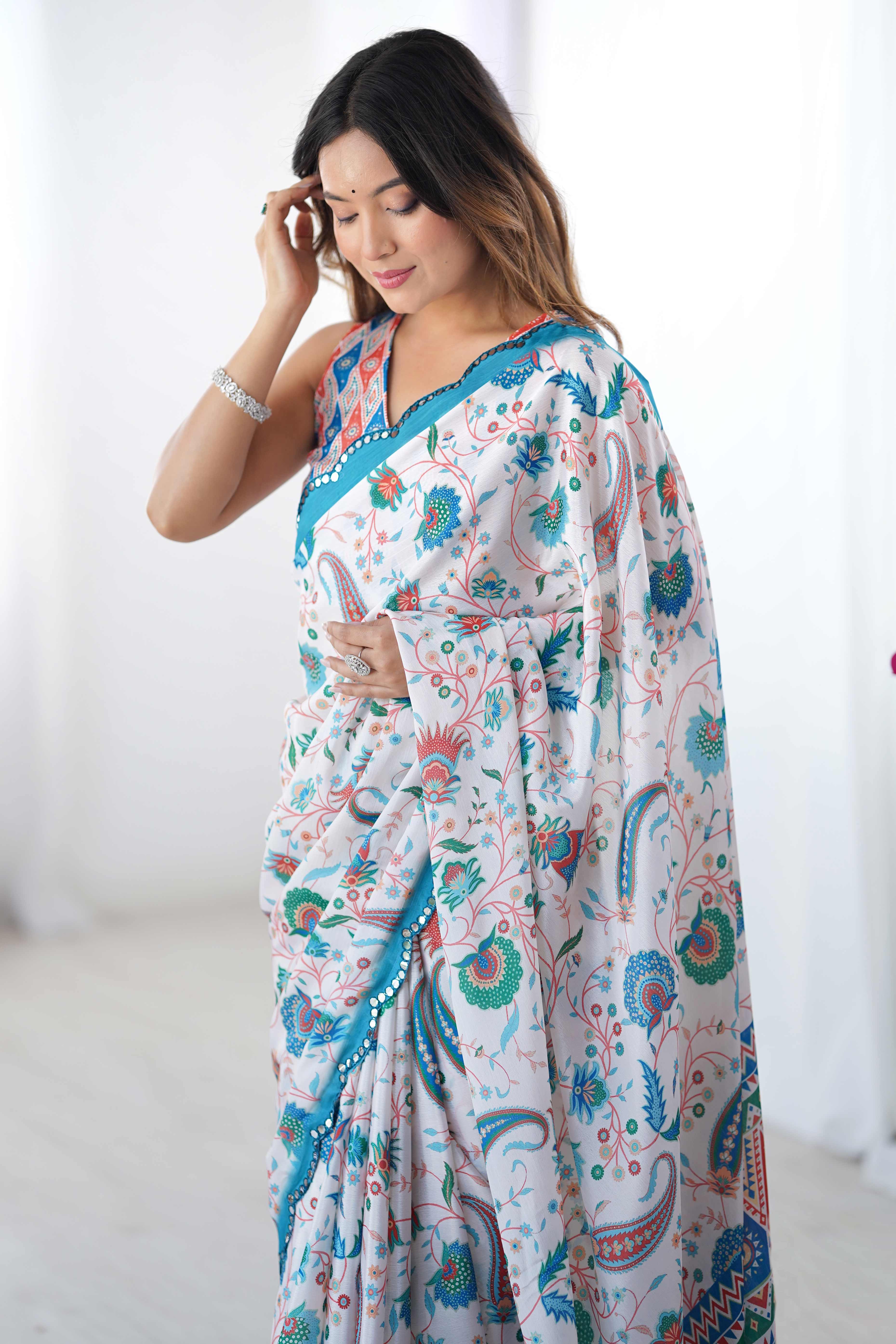 White Floral Printed Chinon Saree with Shimmering Mirror Detailing