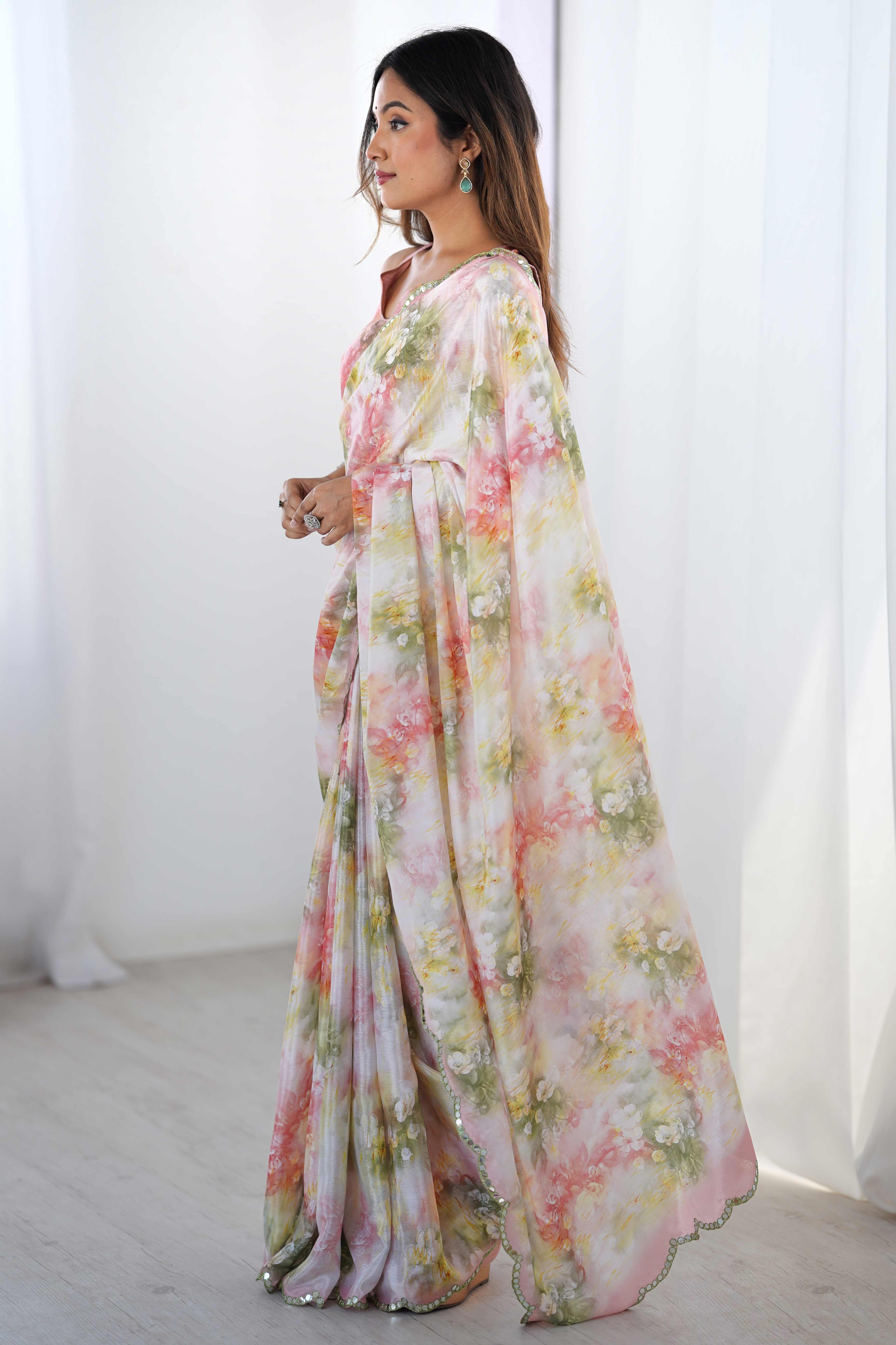 Off White Floral Printed Chinon Saree with Shimmering Mirror Detailing
