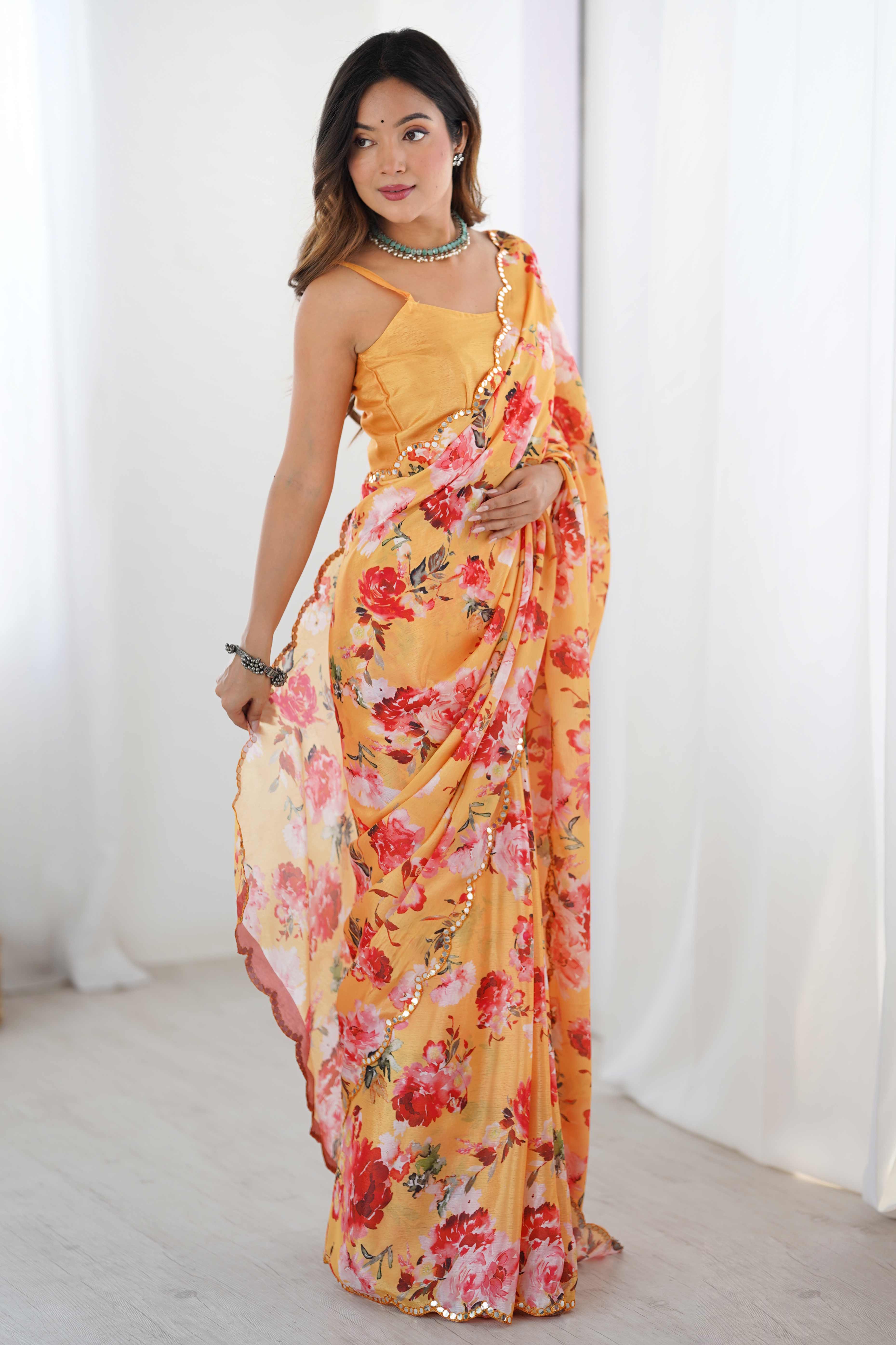 Orange Floral Printed Chinon Saree with Shimmering Mirror Detailing