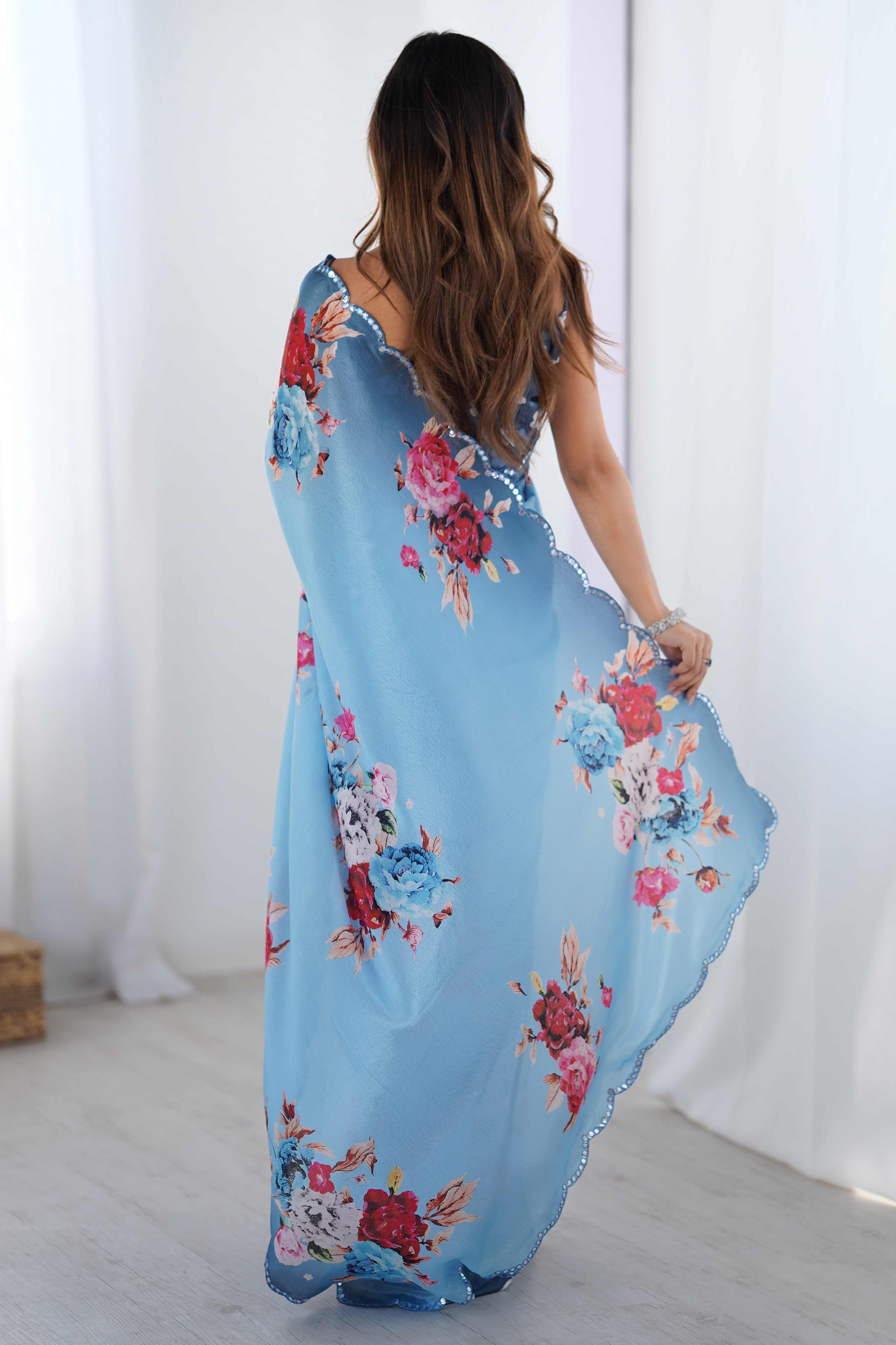 Sky Blue Floral Printed Chinon Saree with Shimmering Mirror Detailing