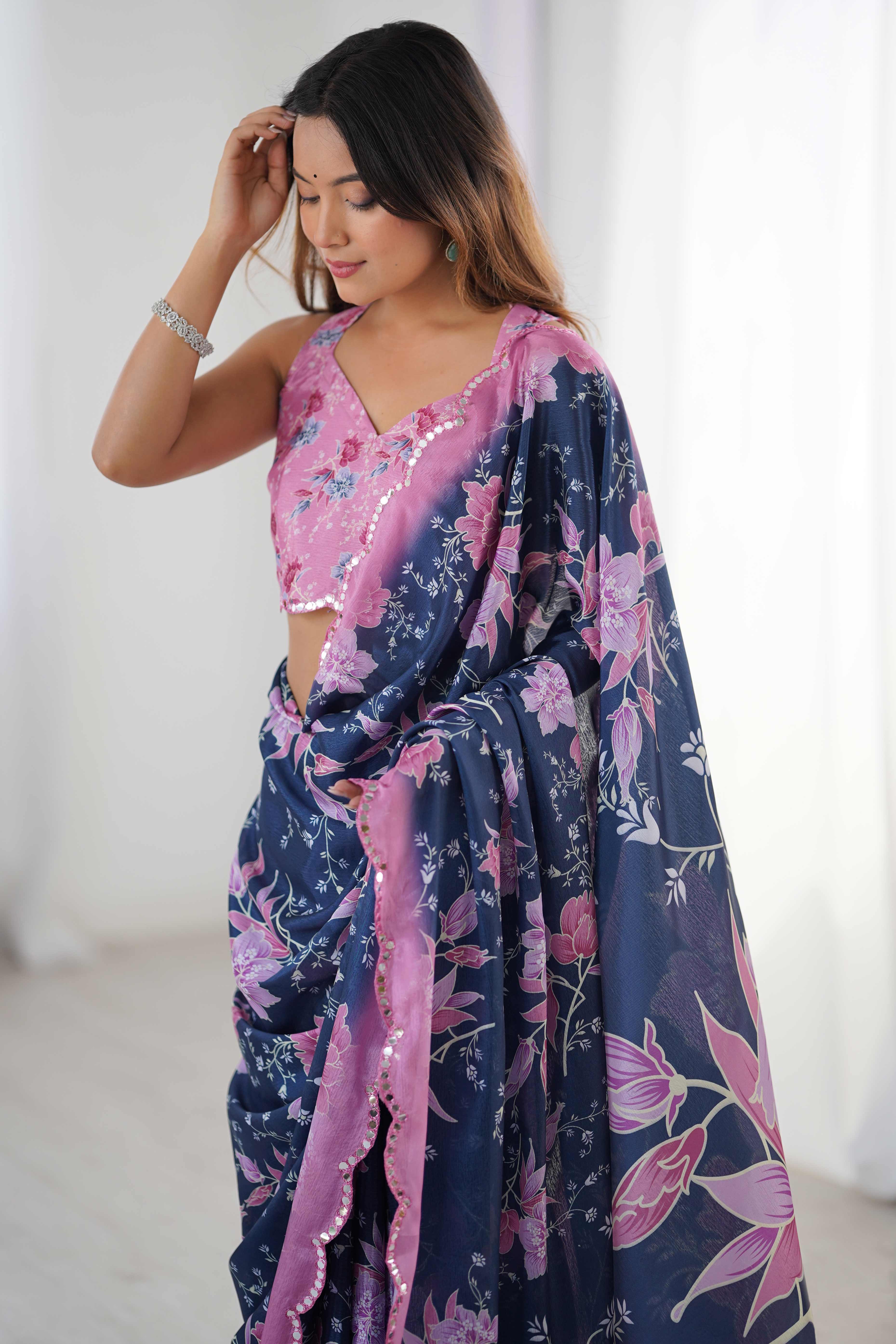 Blue Floral Printed Chinon Saree With Shimmering Mirror Detailing
