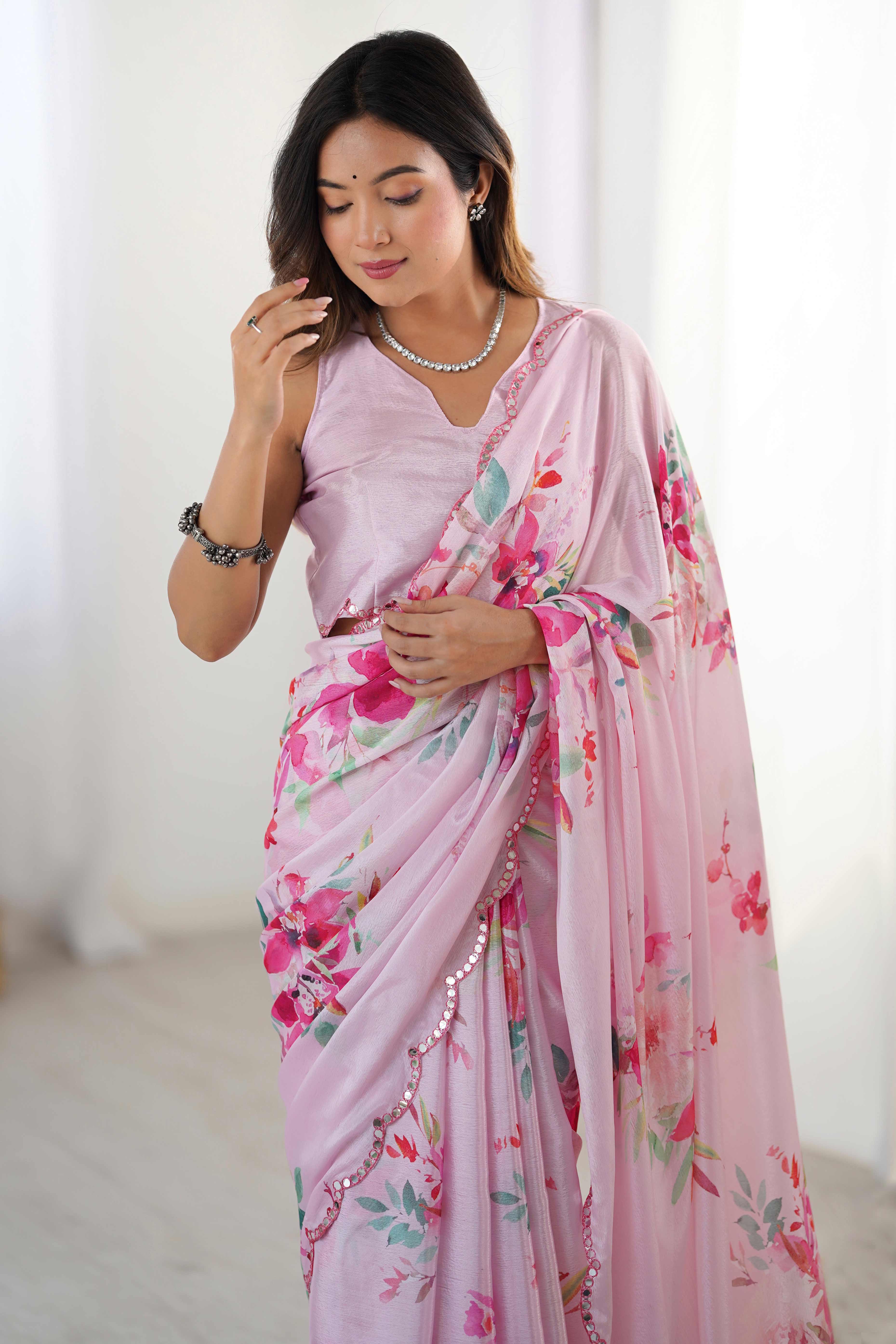 Pink Floral Printed Chinon Saree With Shimmering Mirror Detailing