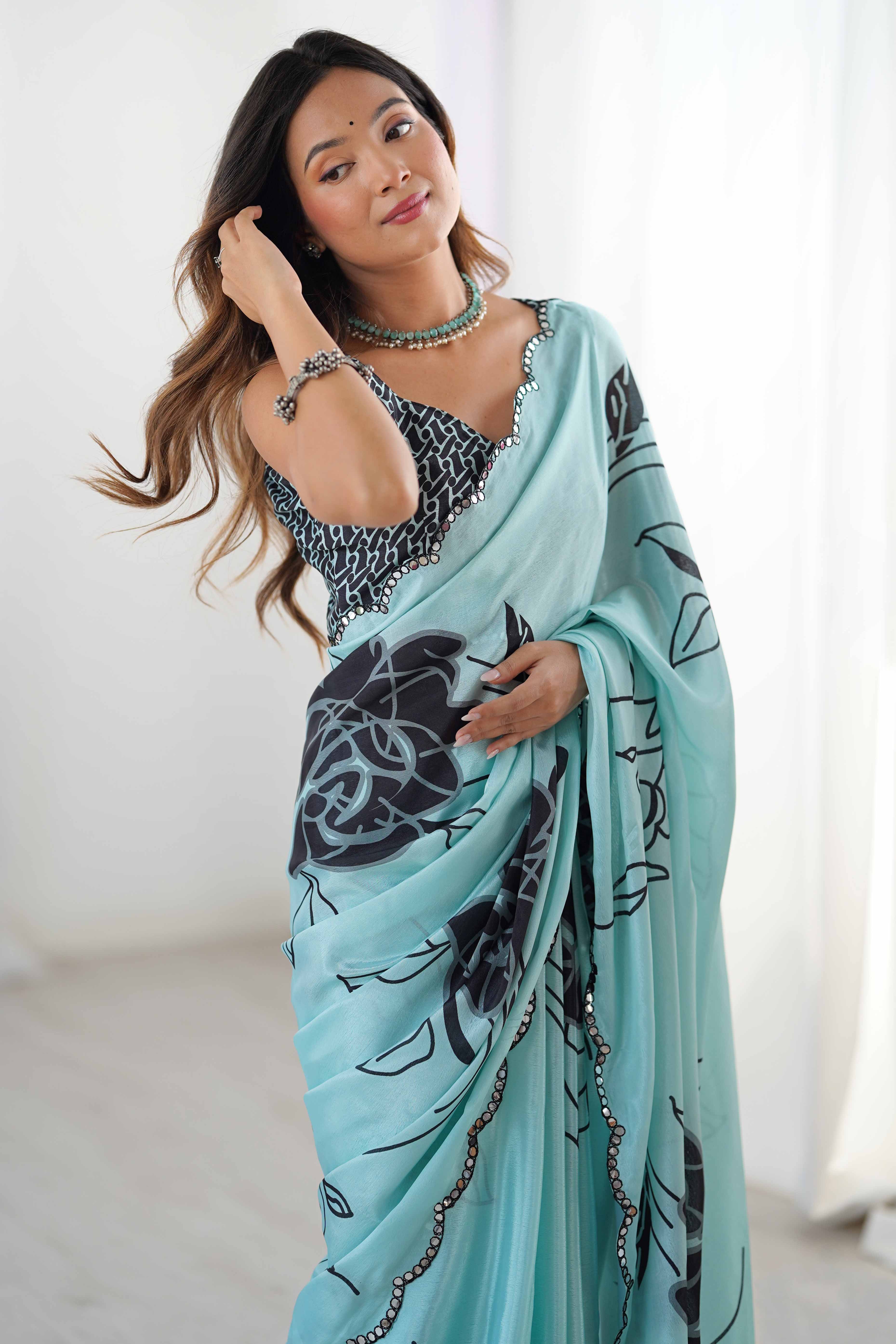 Turquoise Floral Printed Chinon Saree With Shimmering Mirror Detailing