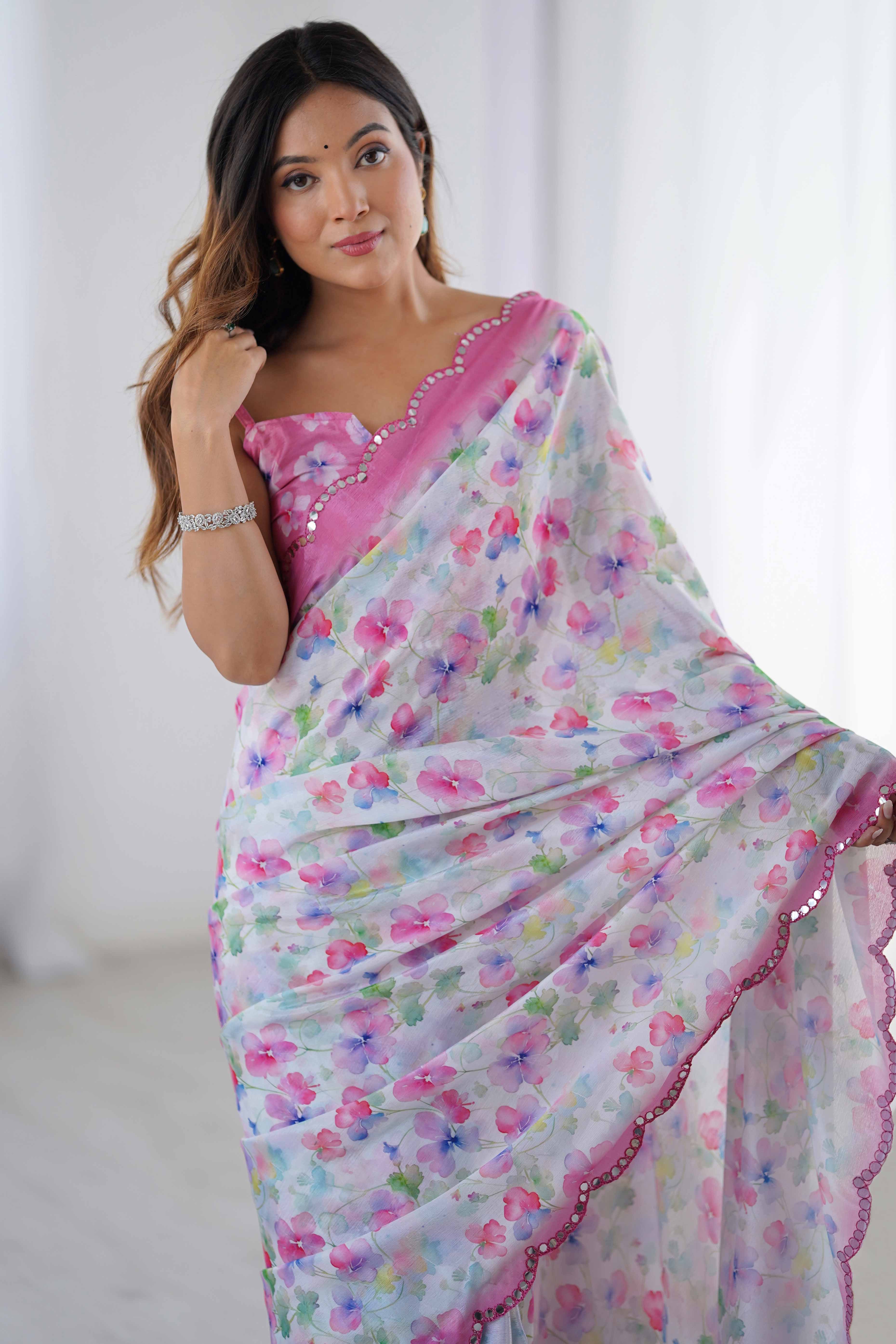 White Floral Printed Chinon Saree With Shimmering Mirror Detailing