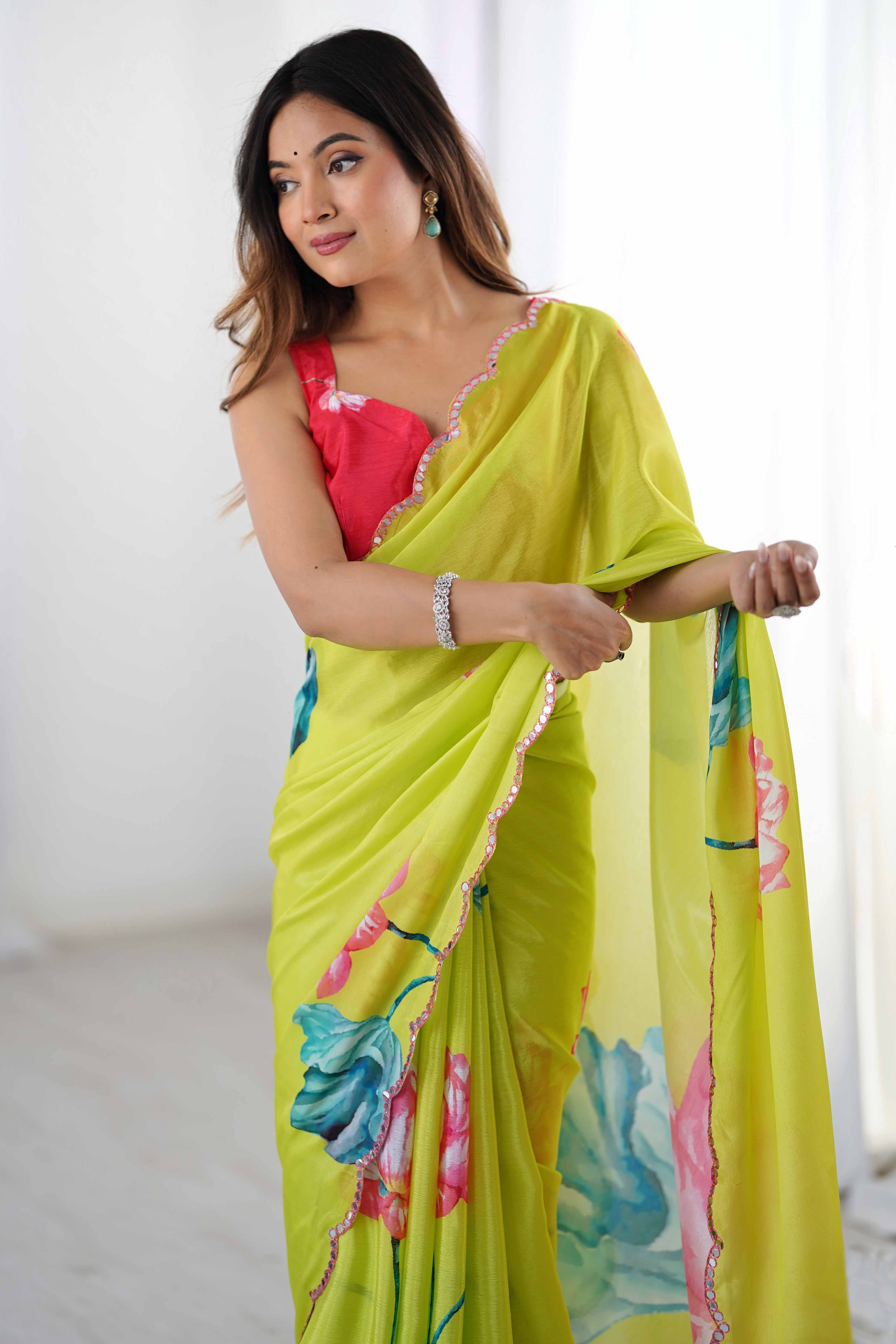 Green Floral Printed Chinon Saree With Shimmering Mirror Detailing