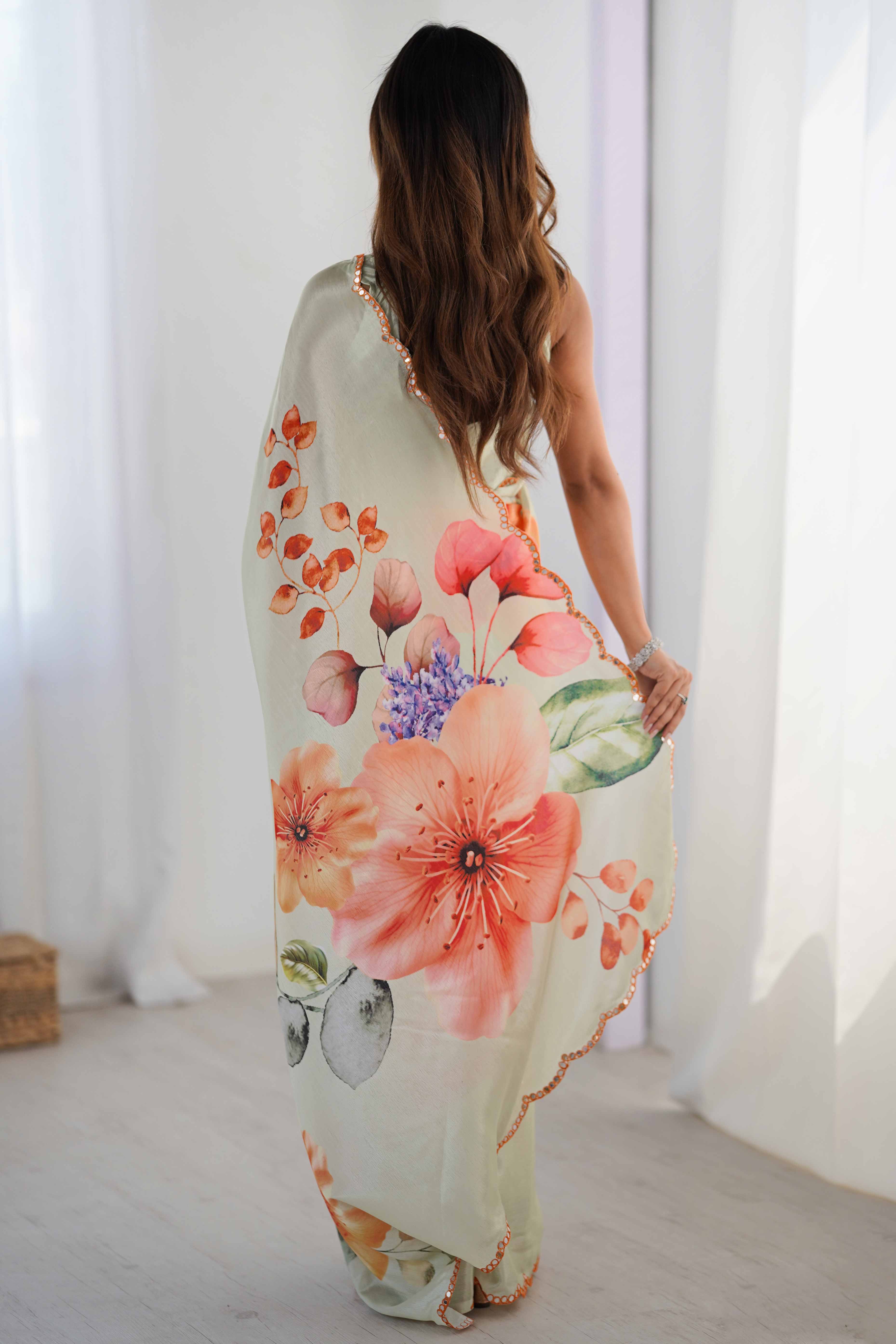 Light Pista Green Chinon Saree with Glimmering Mirror Work and Floral Prints