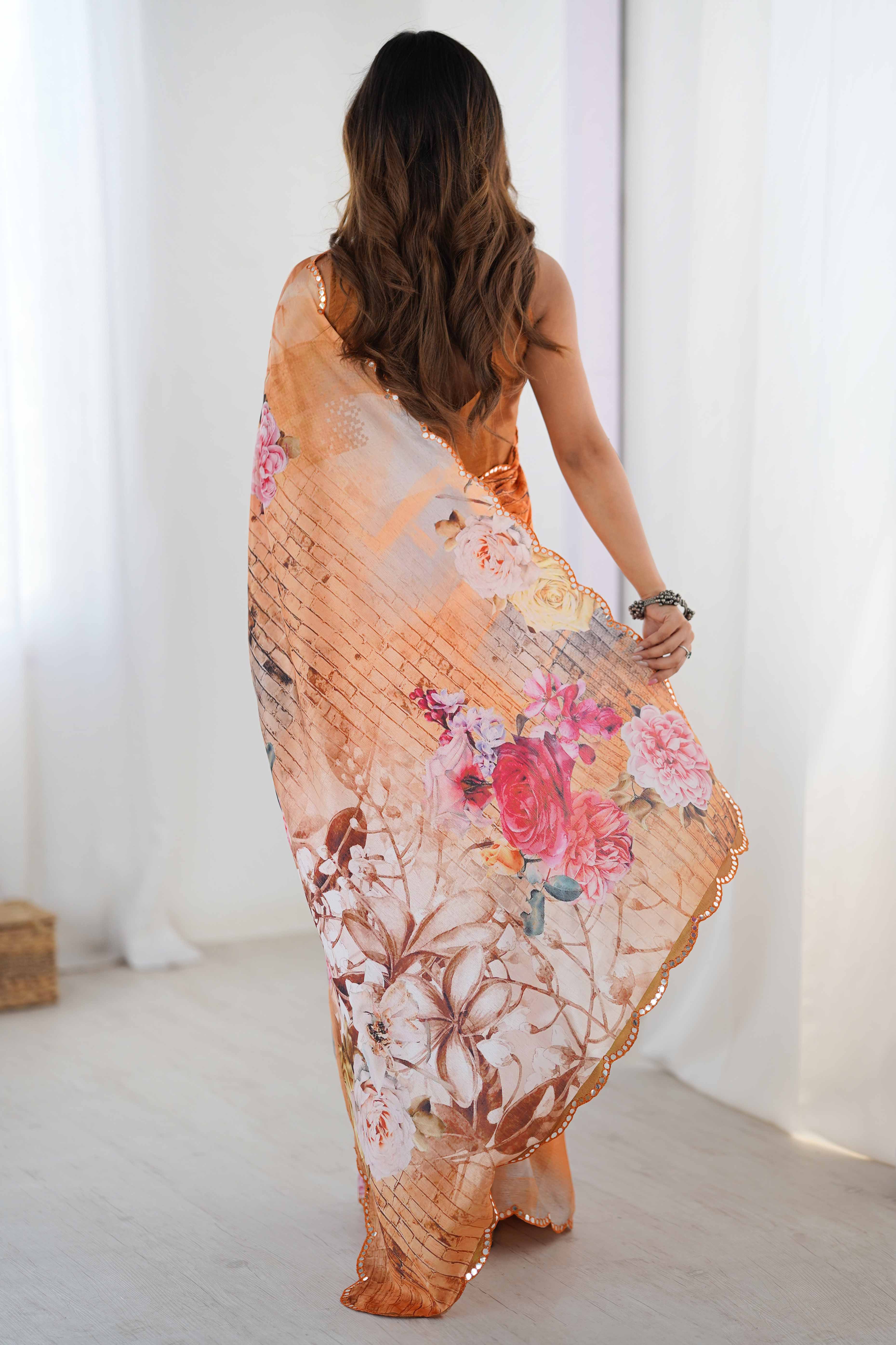 Orange Chinon Saree with Glimmering Mirror Work and Floral Prints